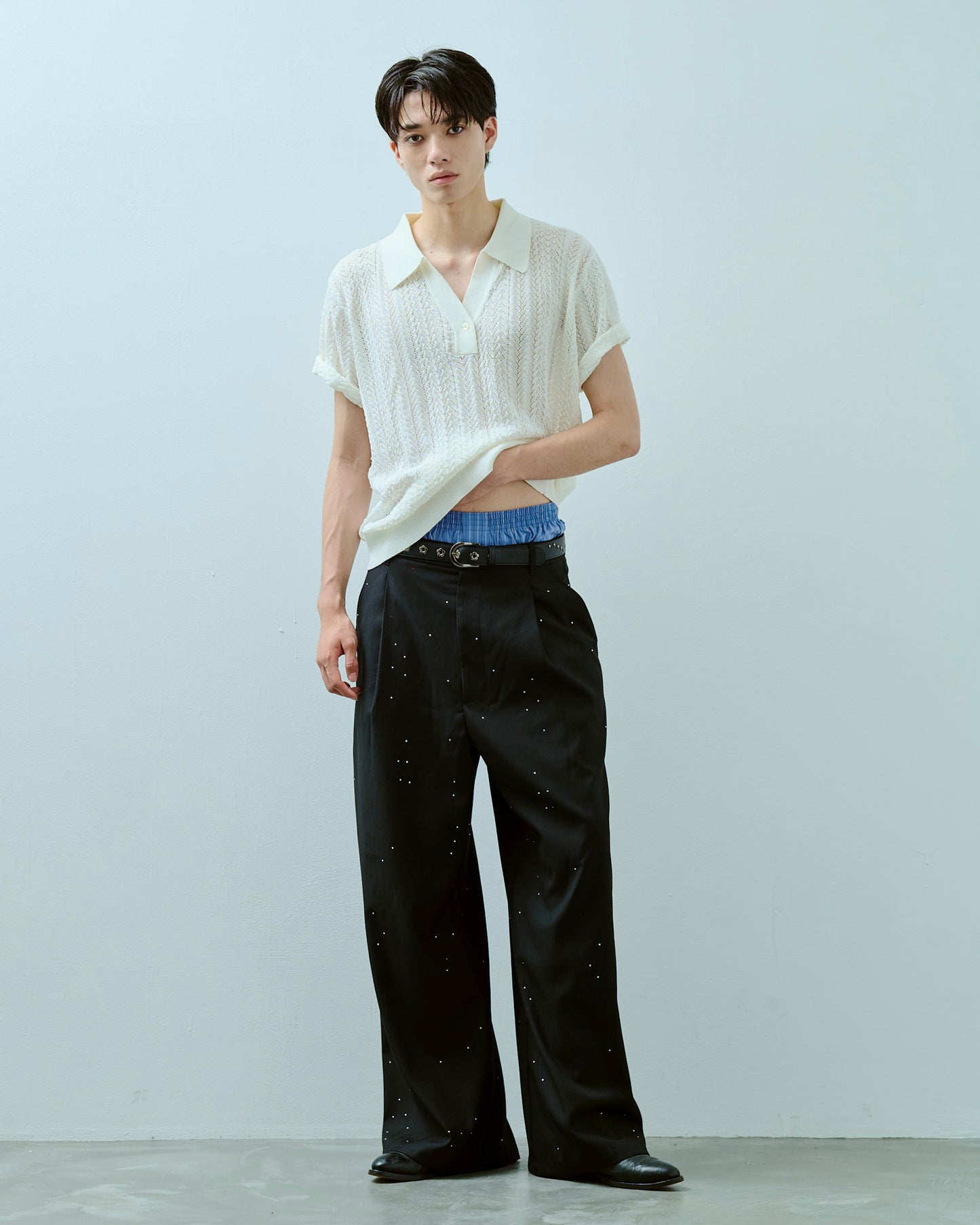 rayon openwork skipper knit shirt