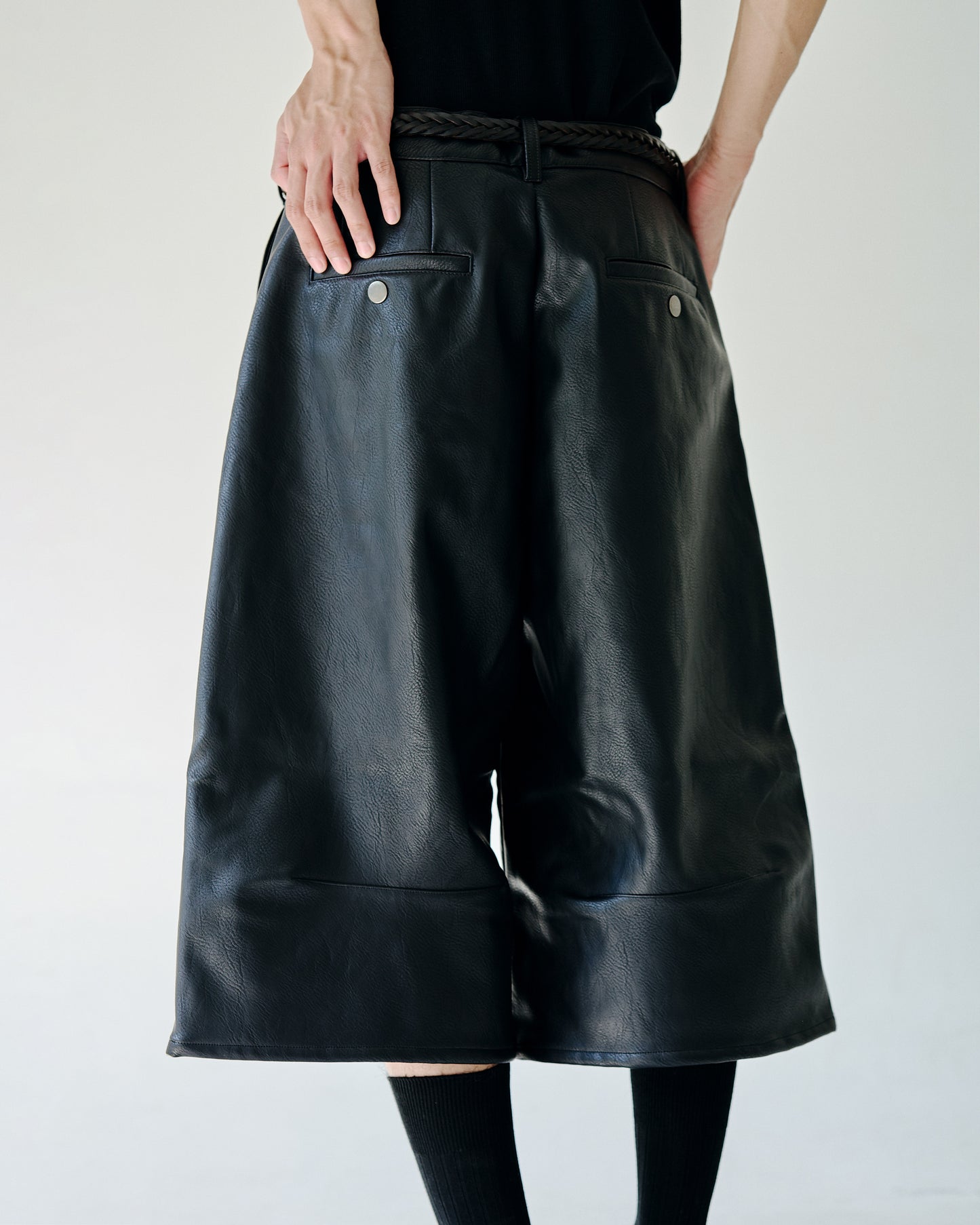wide baggy PU-leather shorts