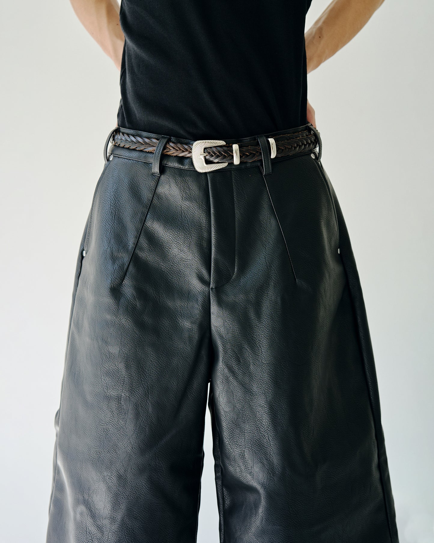 wide baggy PU-leather shorts
