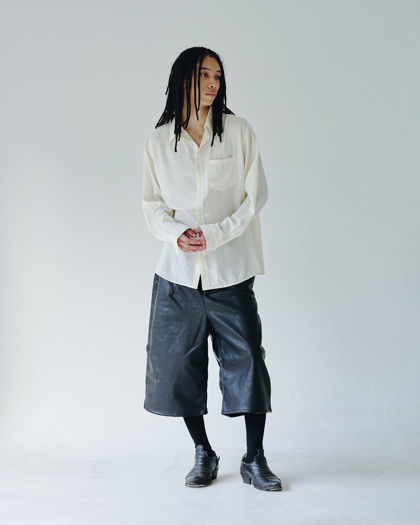 wide baggy PU-leather shorts