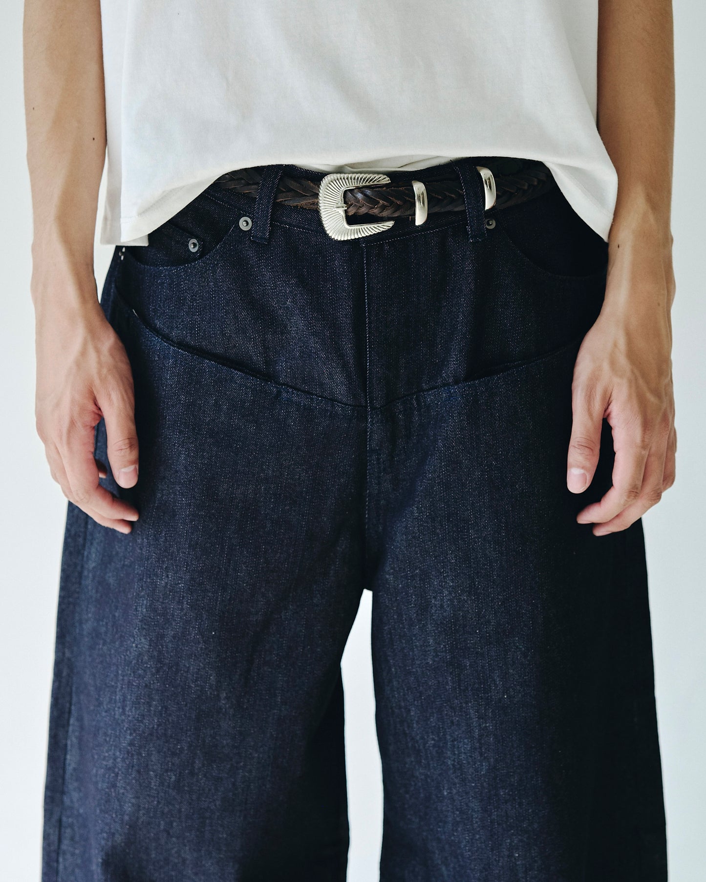 DOUBLE POCKET RIGID SLUB BAGGY DENIM TROUSERS