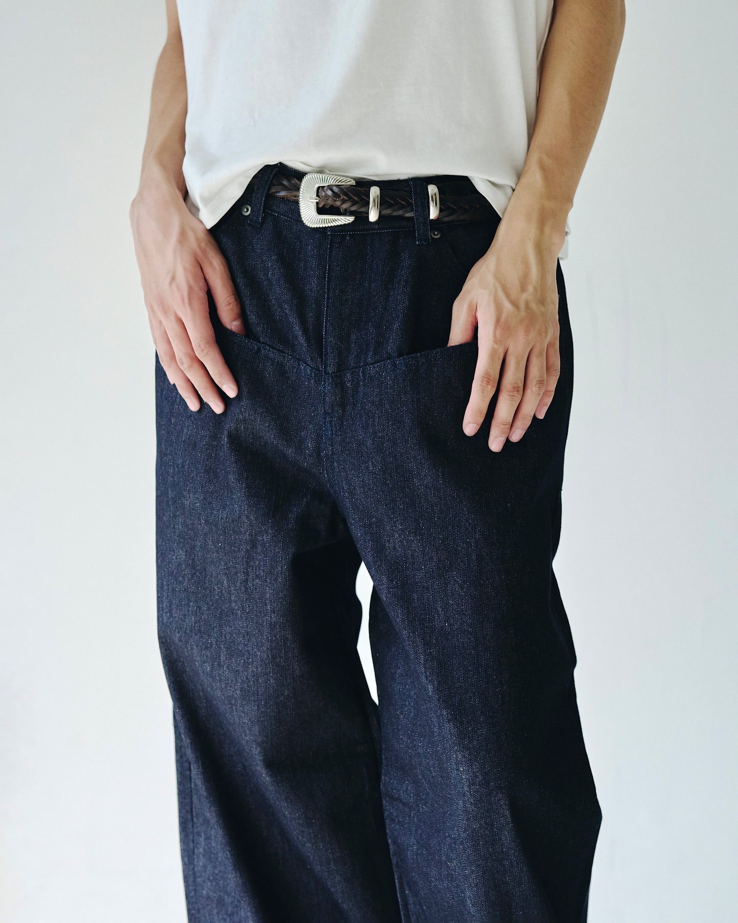 DOUBLE POCKET RIGID SLUB BAGGY DENIM TROUSERS