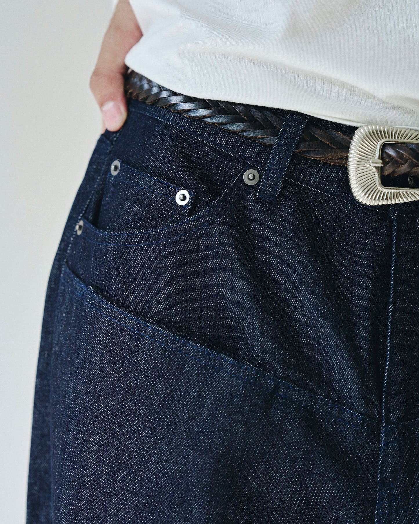 DOUBLE POCKET RIGID SLUB BAGGY DENIM TROUSERS