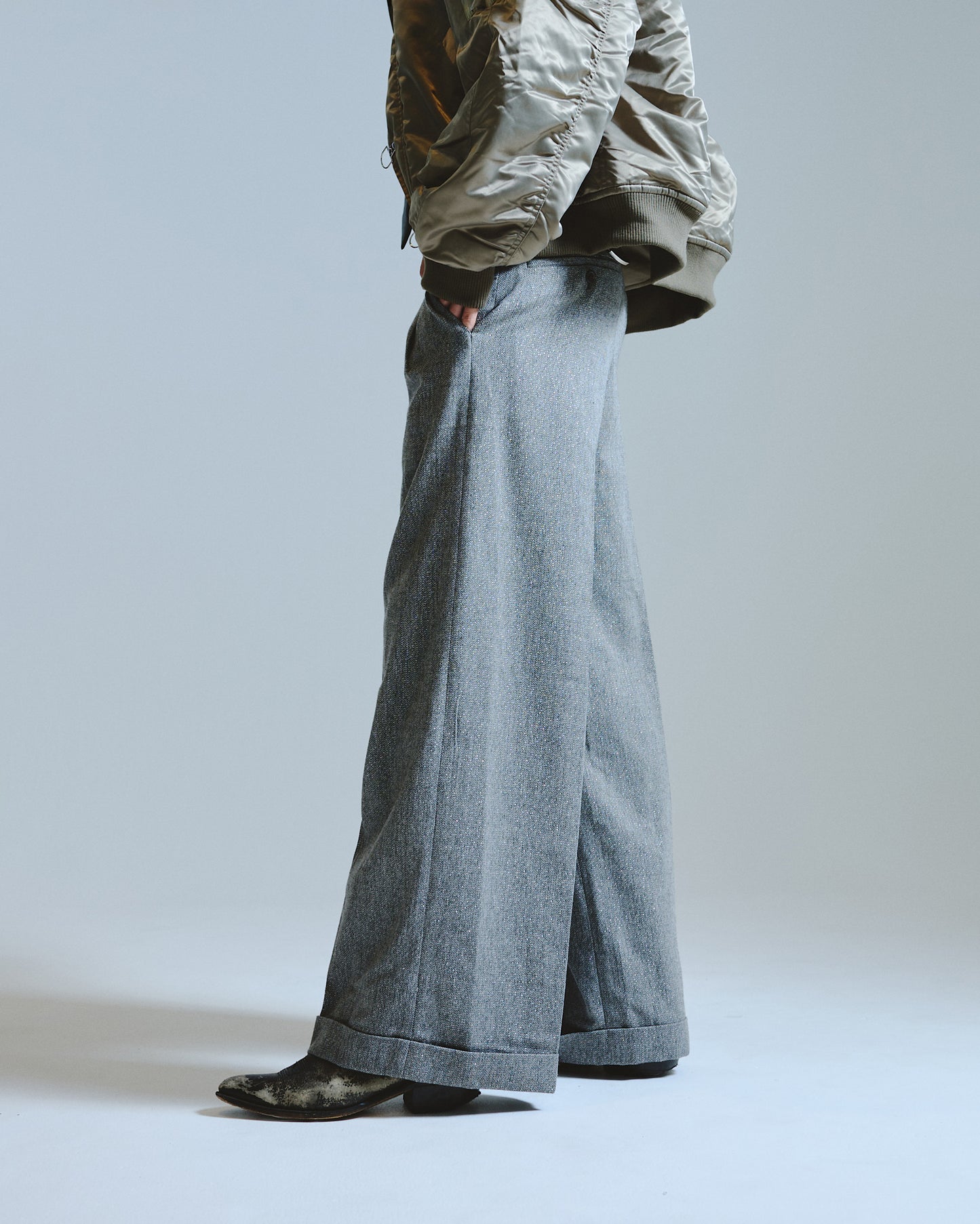 2tuck wide baggy slacks - RAME TWEED