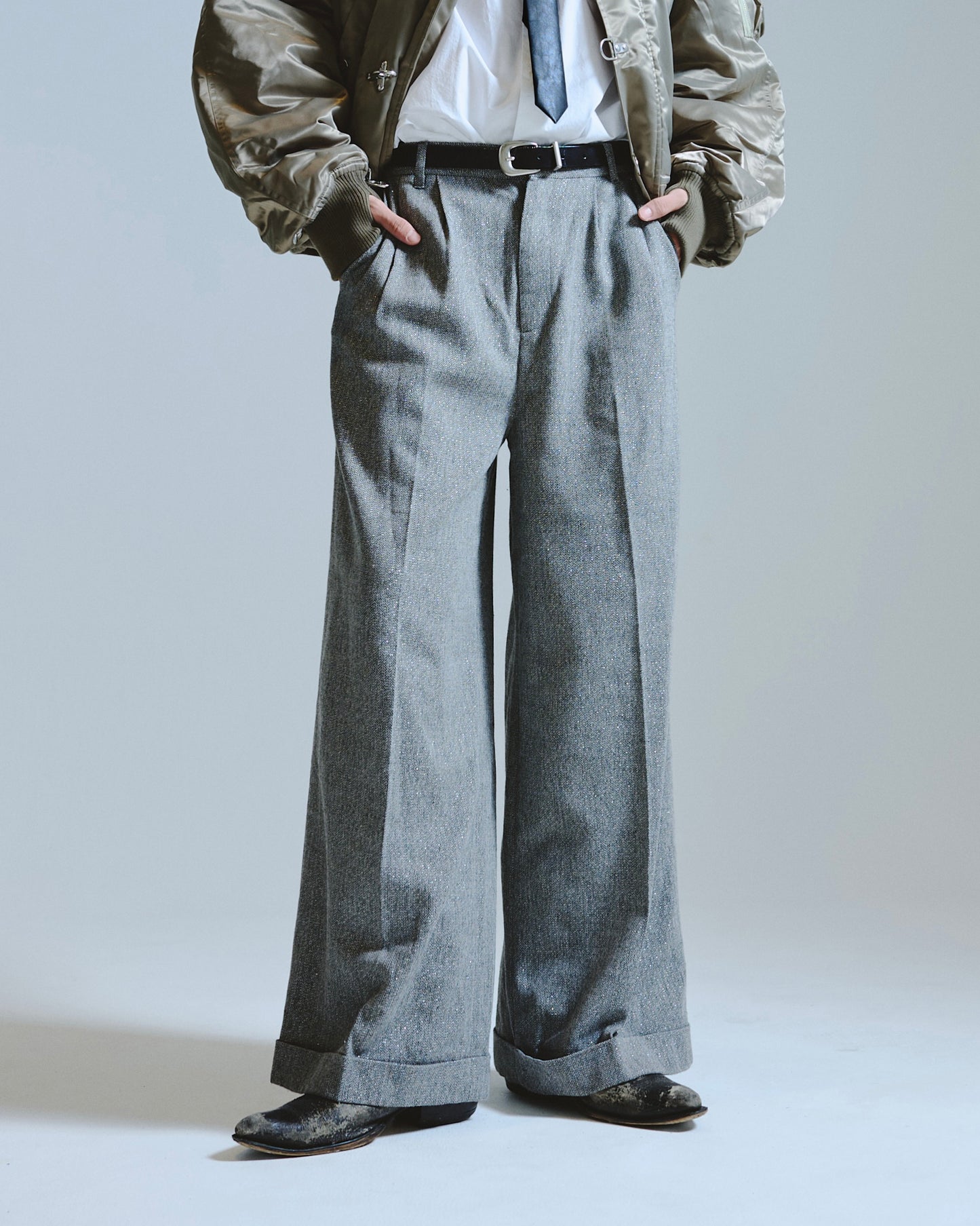 2tuck wide baggy slacks - RAME TWEED