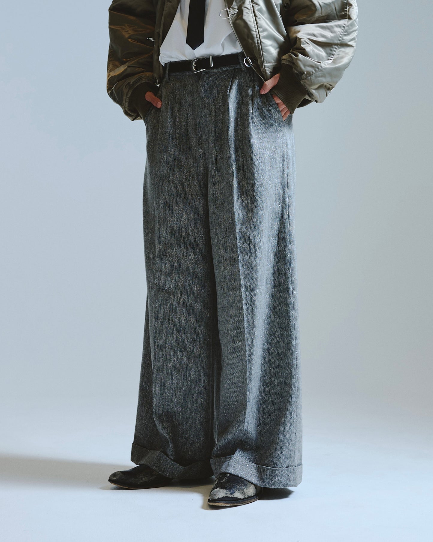 2tuck wide baggy slacks - RAME TWEED