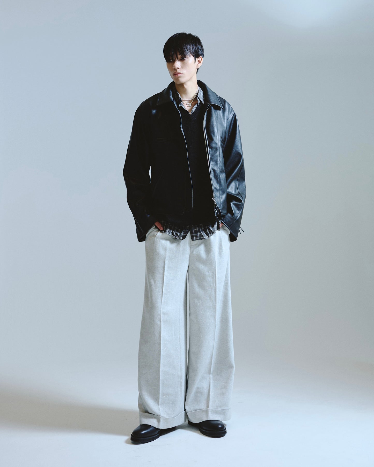 2tuck wide baggy slacks - RAME TWEED
