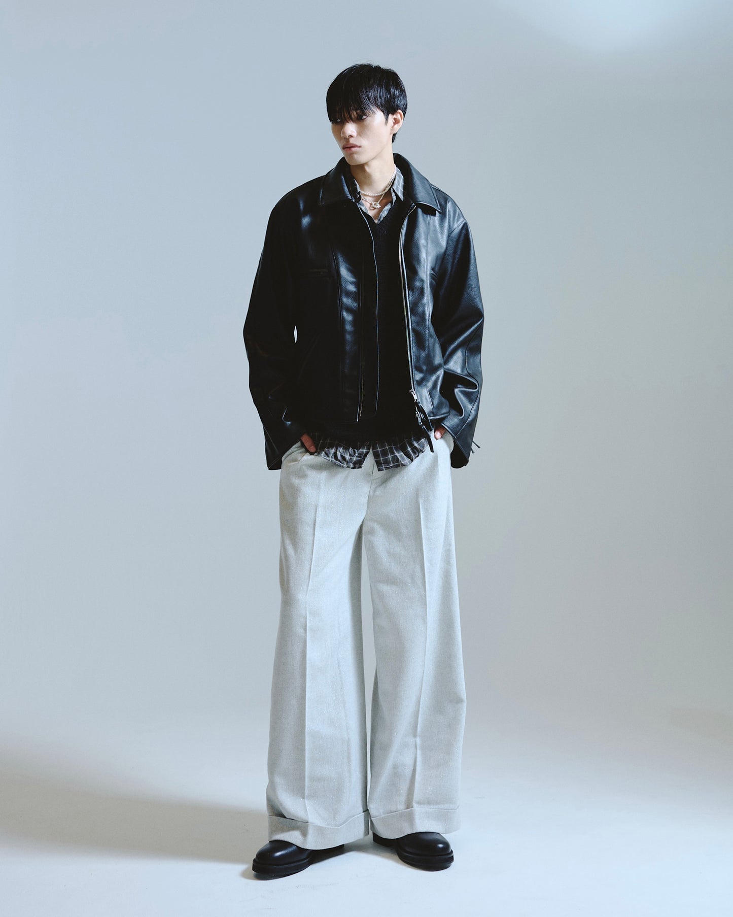 2tuck wide baggy slacks - RAME TWEED