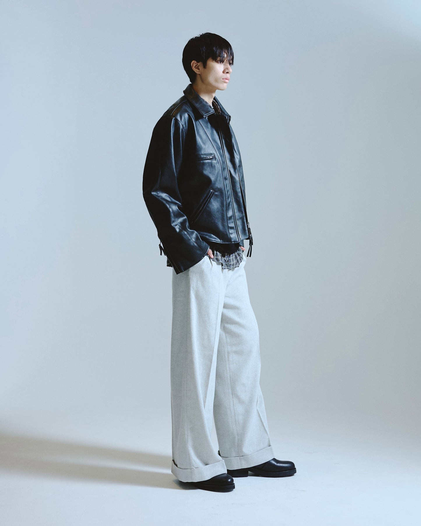 2tuck wide baggy slacks - RAME TWEED