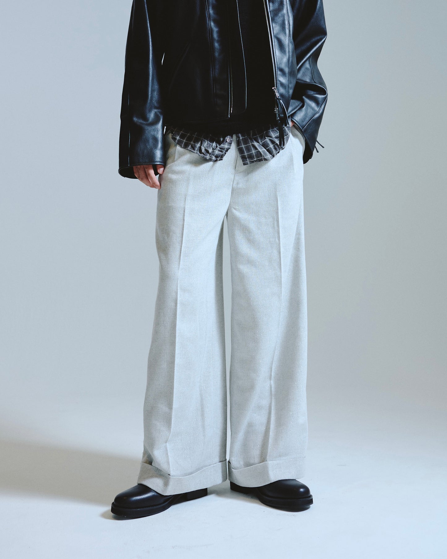 2tuck wide baggy slacks - RAME TWEED