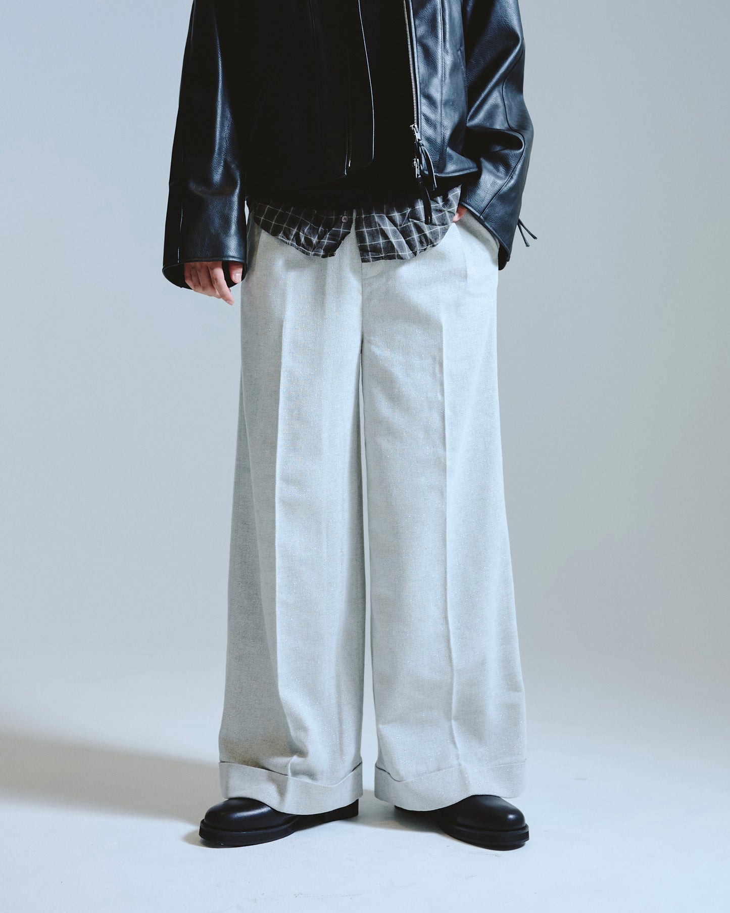 2tuck wide baggy slacks - RAME TWEED