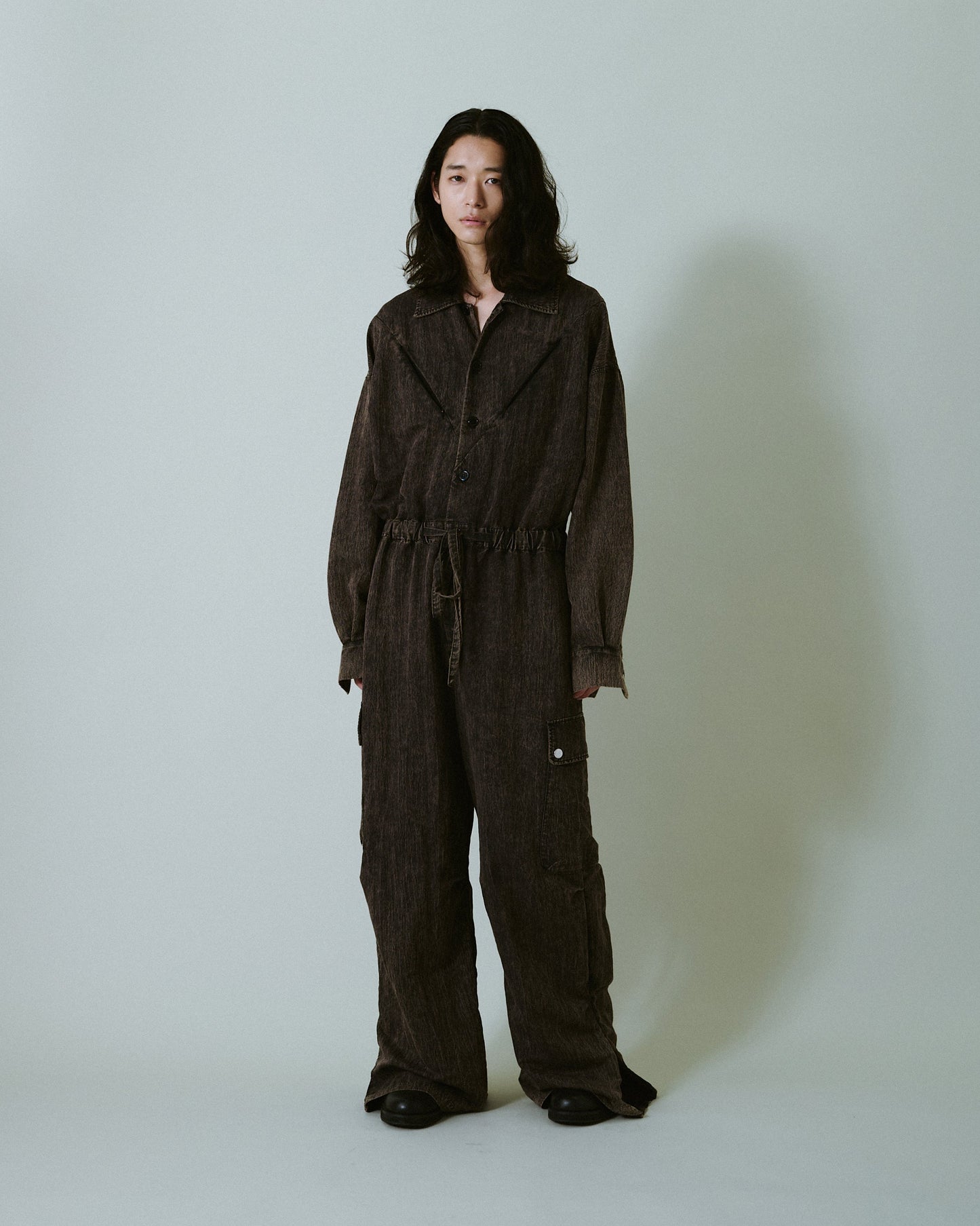snow-wash faded rayon nylon l/s jump suit