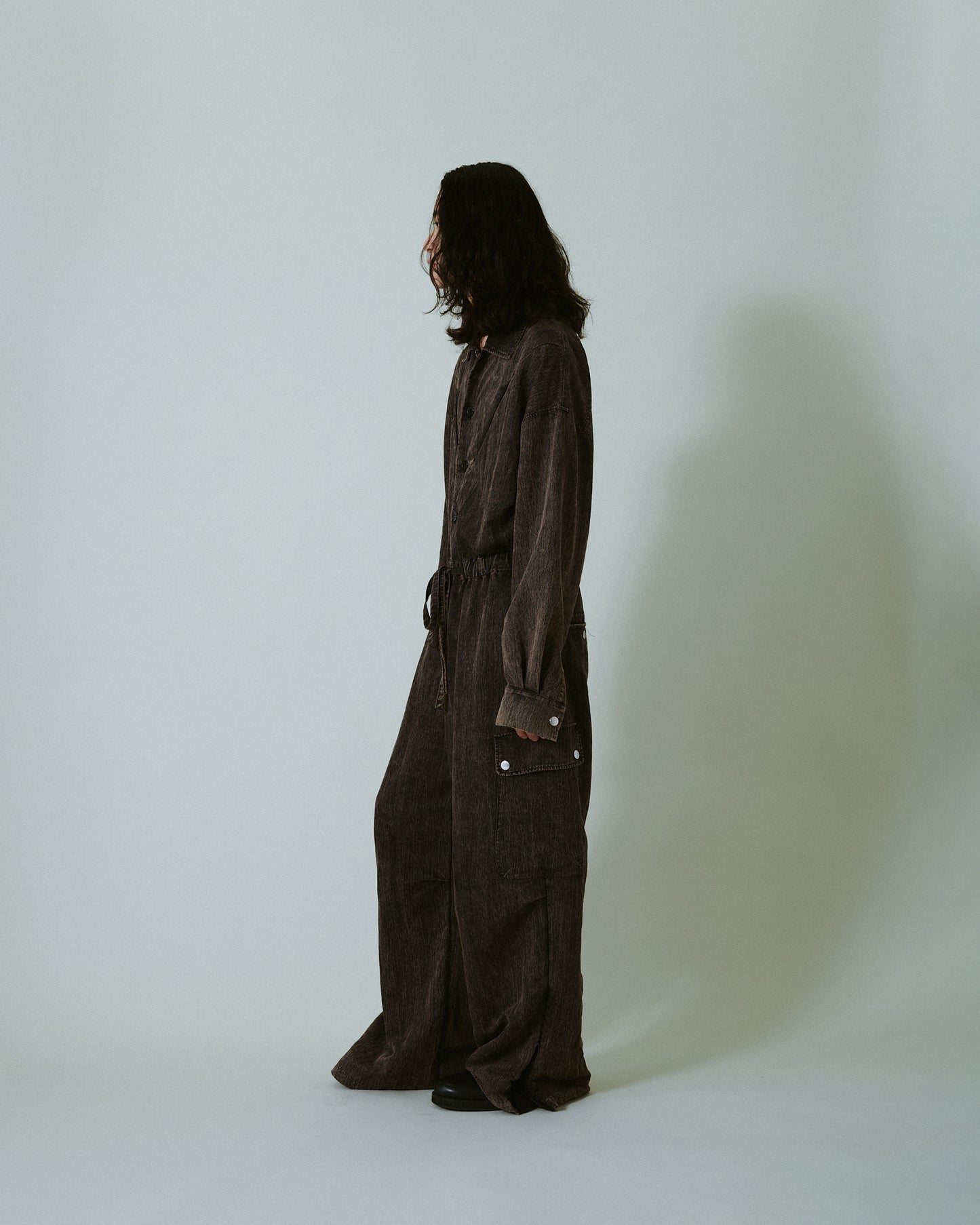 snow-wash faded rayon nylon l/s jump suit