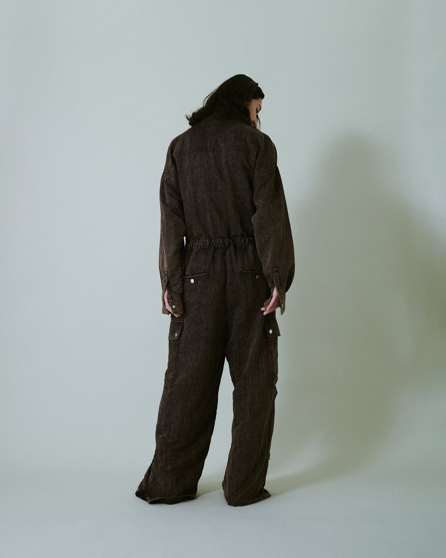 snow-wash faded rayon nylon l/s jump suit