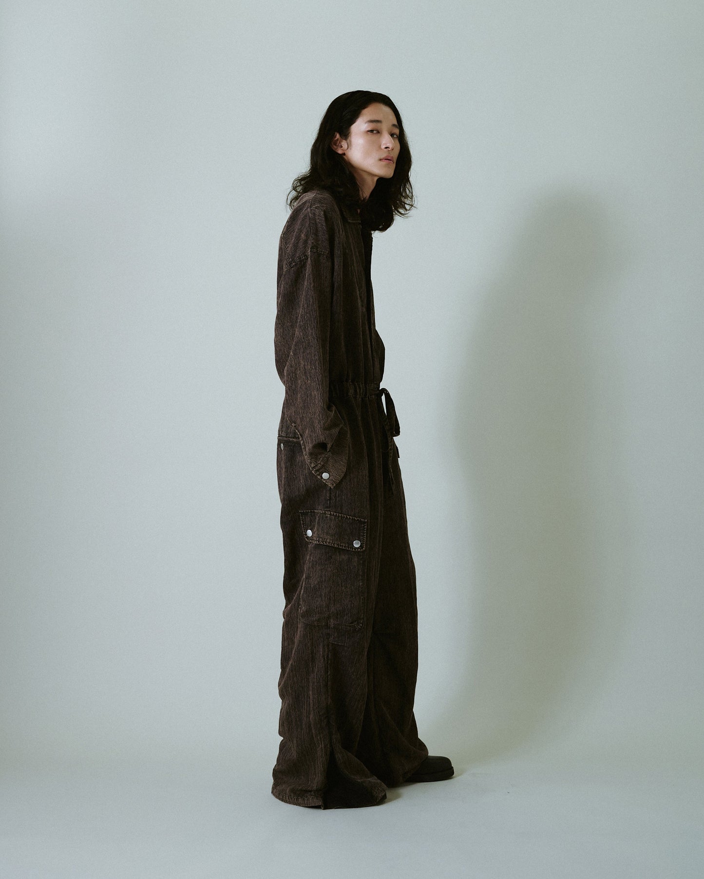 snow-wash faded rayon nylon l/s jump suit