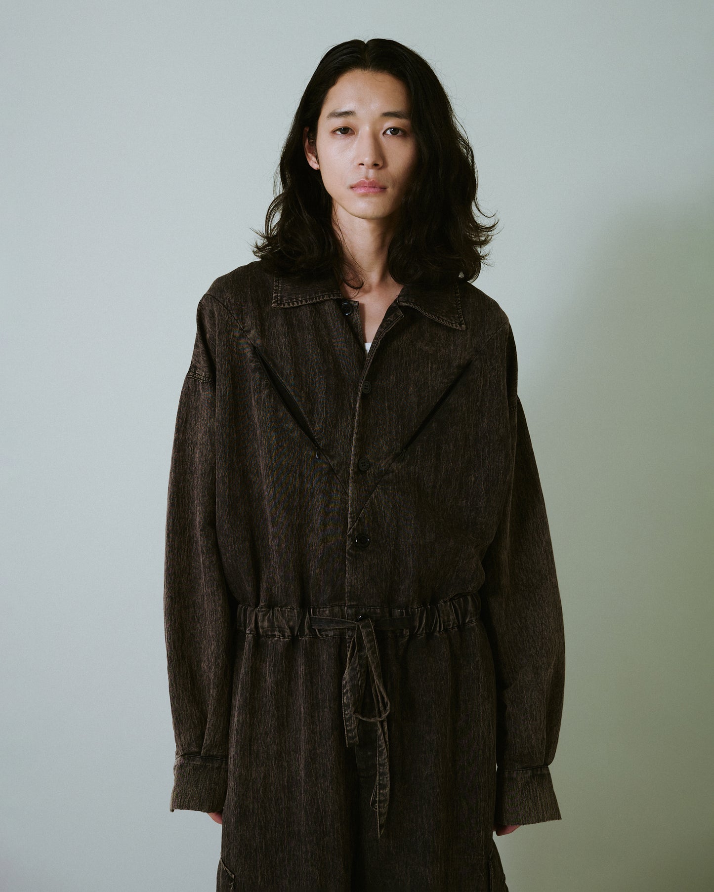 snow-wash faded rayon nylon l/s jump suit