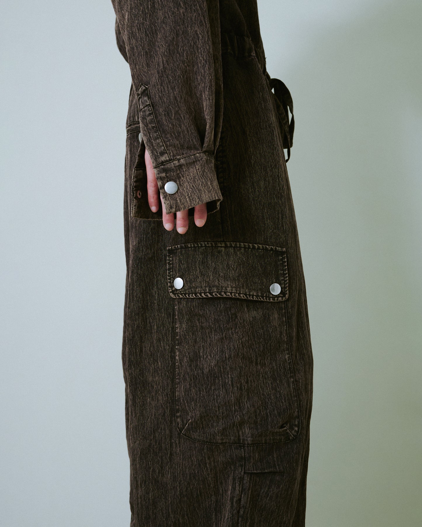 snow-wash faded rayon nylon l/s jump suit