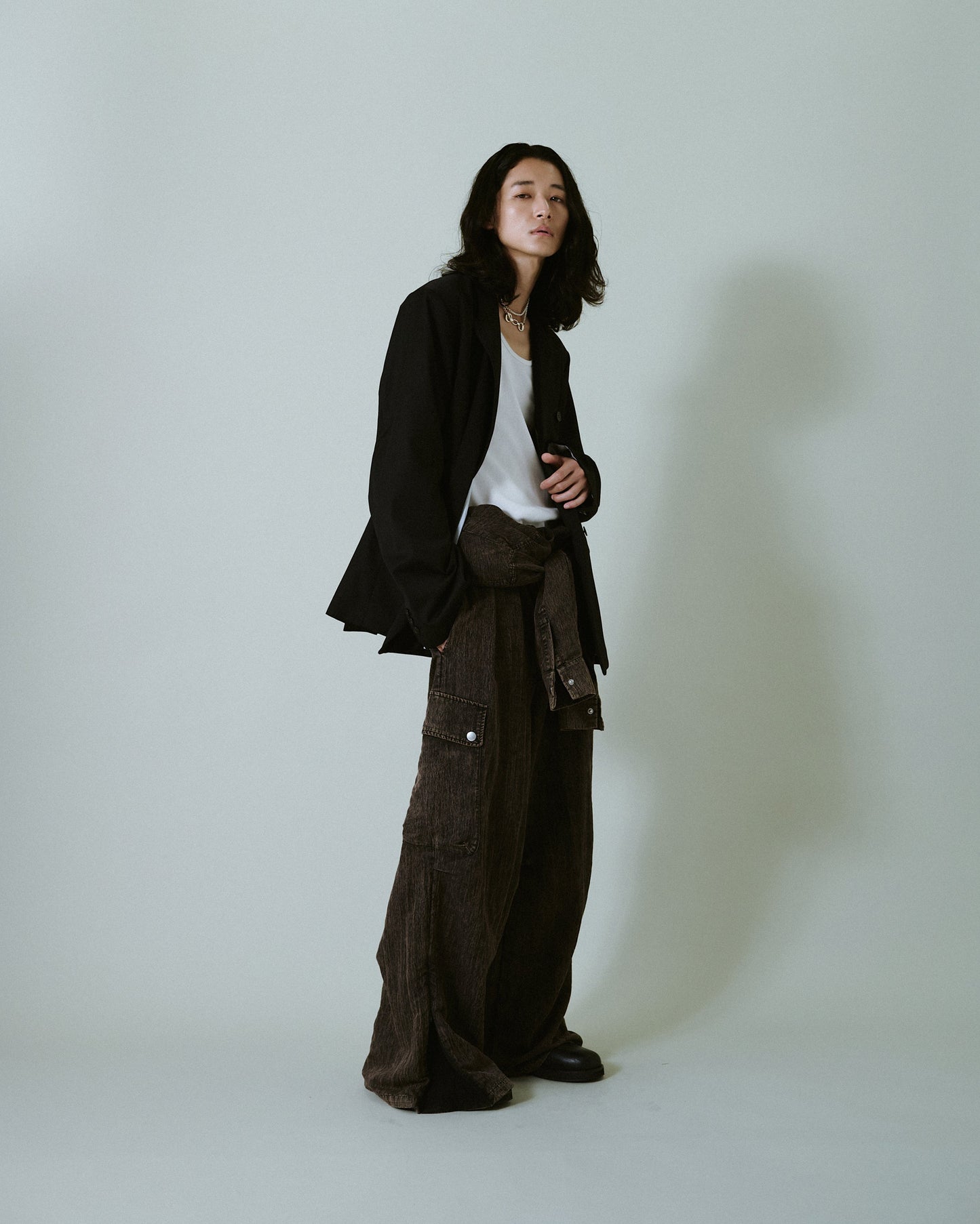 snow-wash faded rayon nylon l/s jump suit