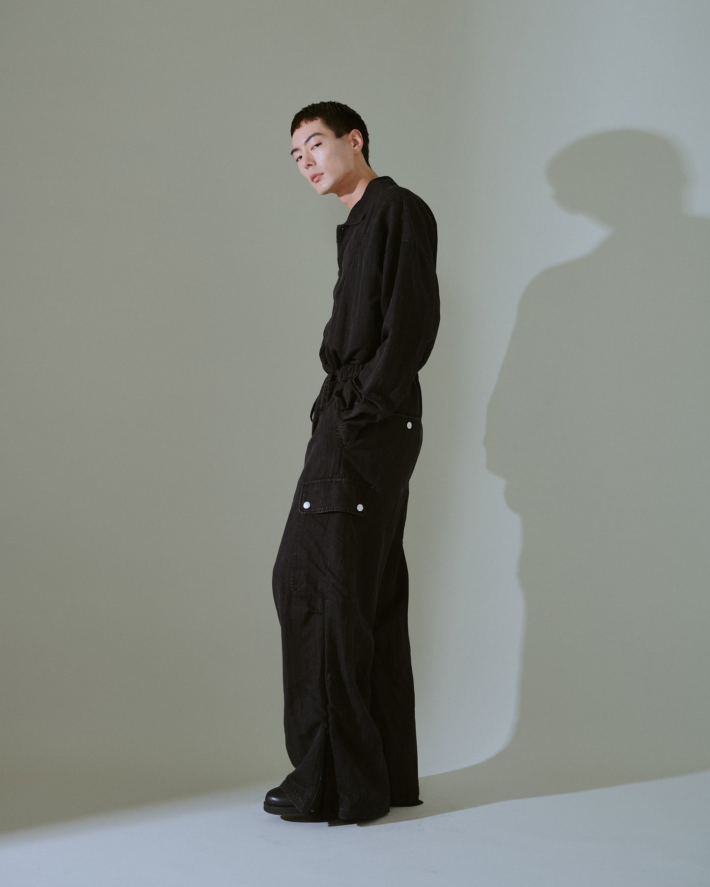 snow-wash faded rayon nylon l/s jump suit