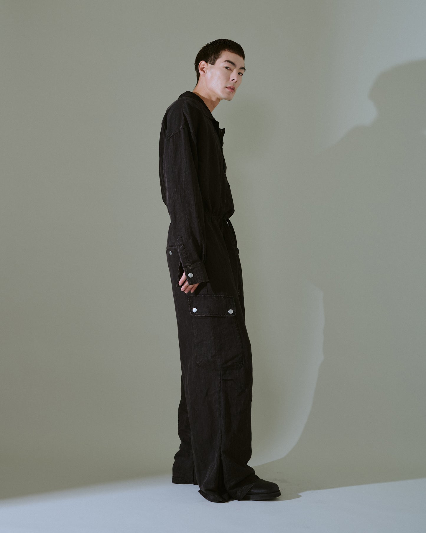 snow-wash faded rayon nylon l/s jump suit
