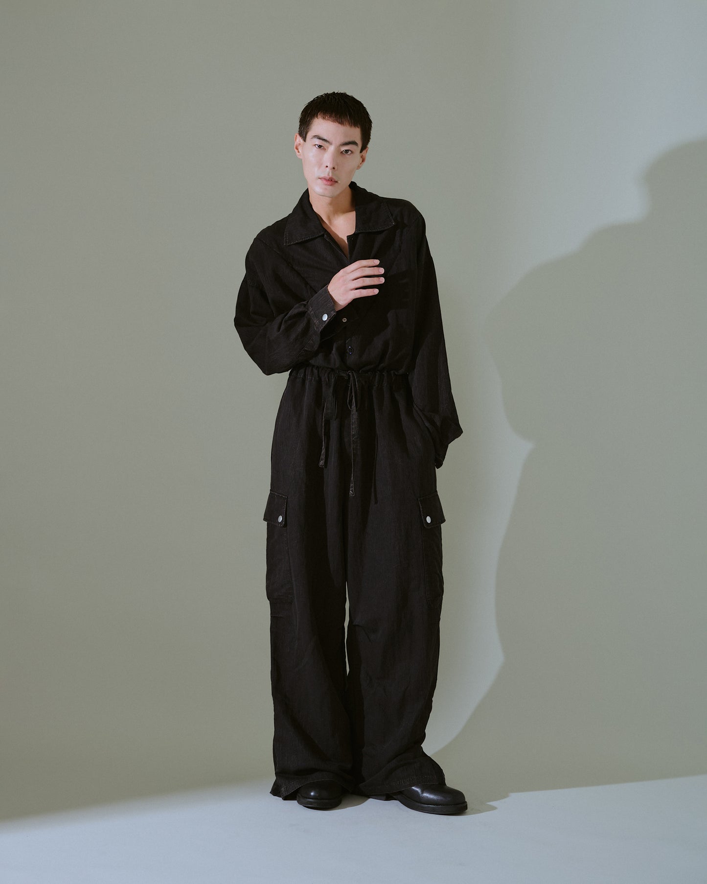 snow-wash faded rayon nylon l/s jump suit