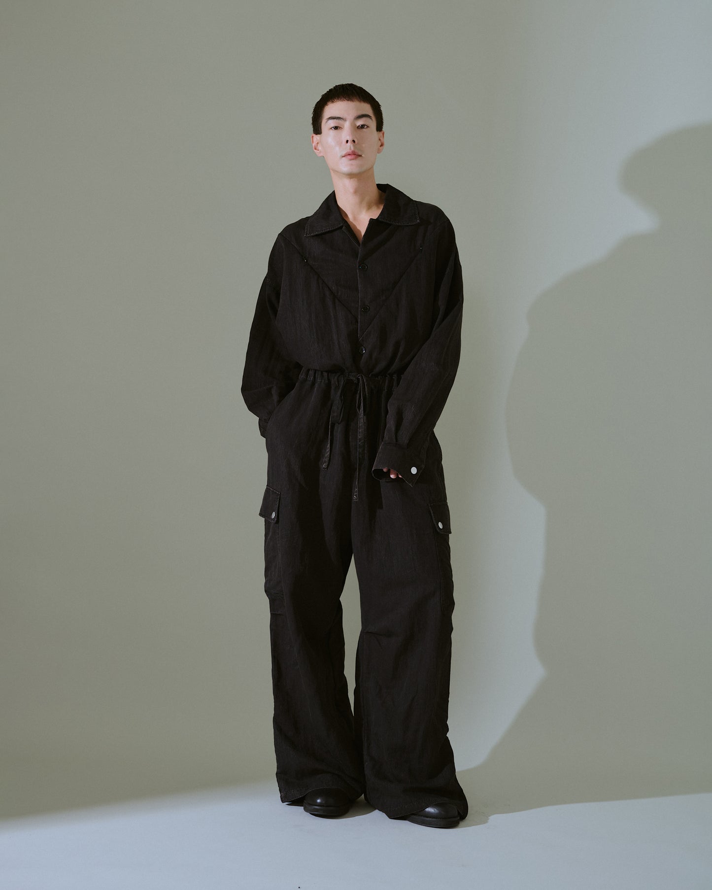 snow-wash faded rayon nylon l/s jump suit