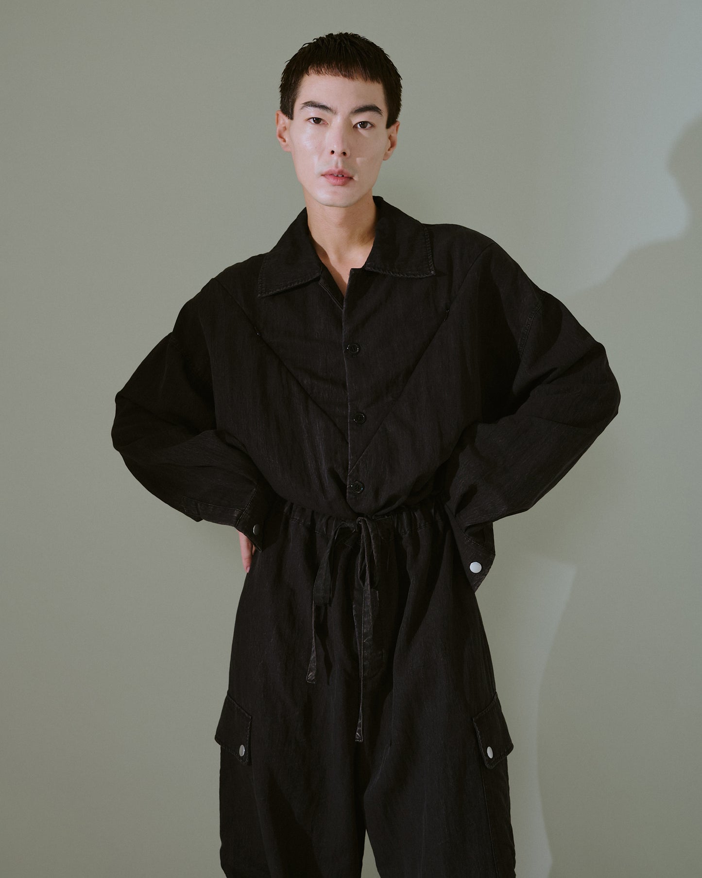 snow-wash faded rayon nylon l/s jump suit