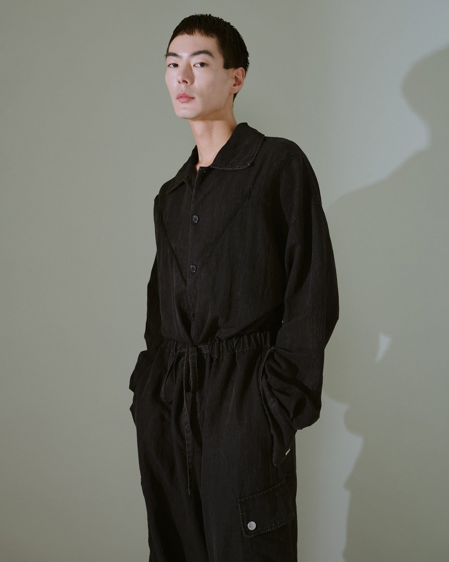 snow-wash faded rayon nylon l/s jump suit