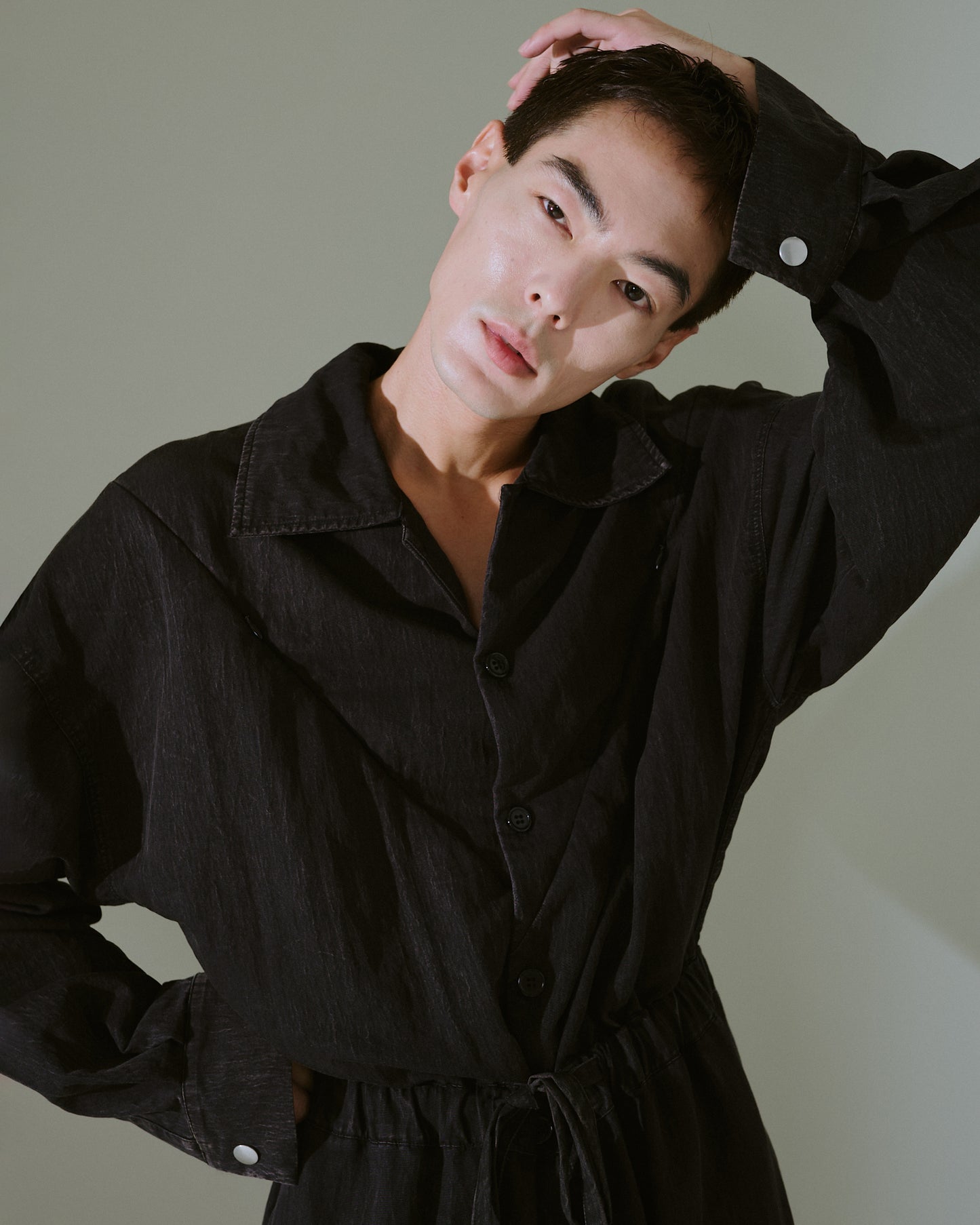 snow-wash faded rayon nylon l/s jump suit
