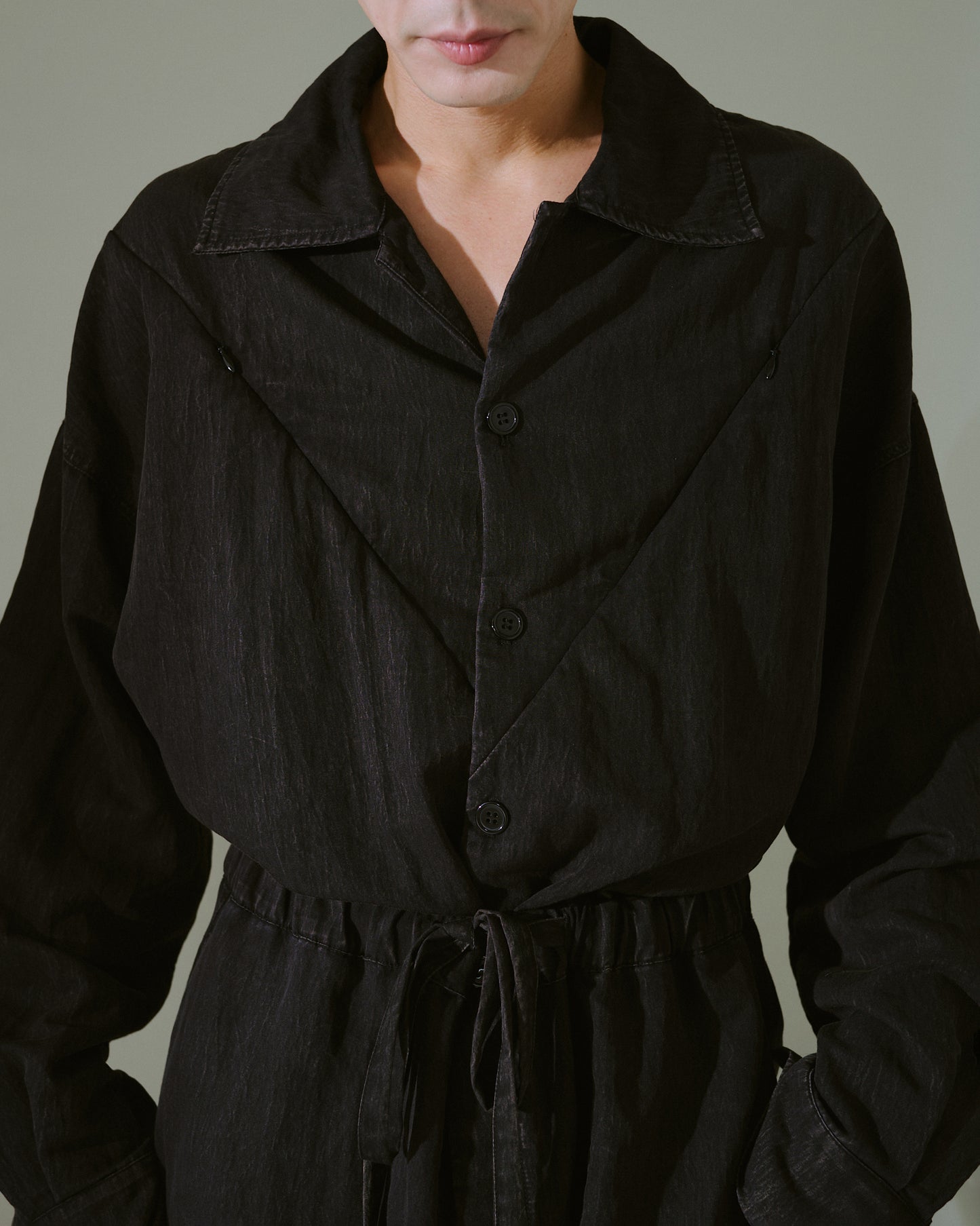 snow-wash faded rayon nylon l/s jump suit
