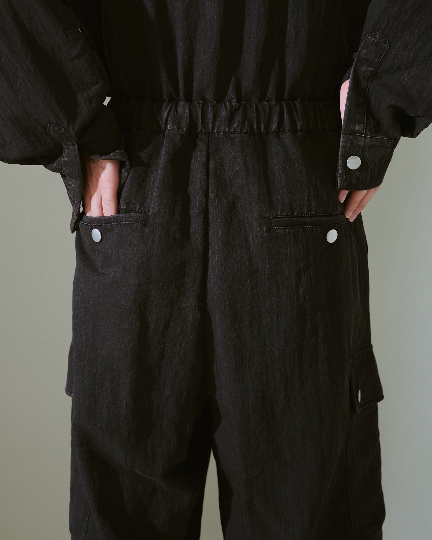 snow-wash faded rayon nylon l/s jump suit