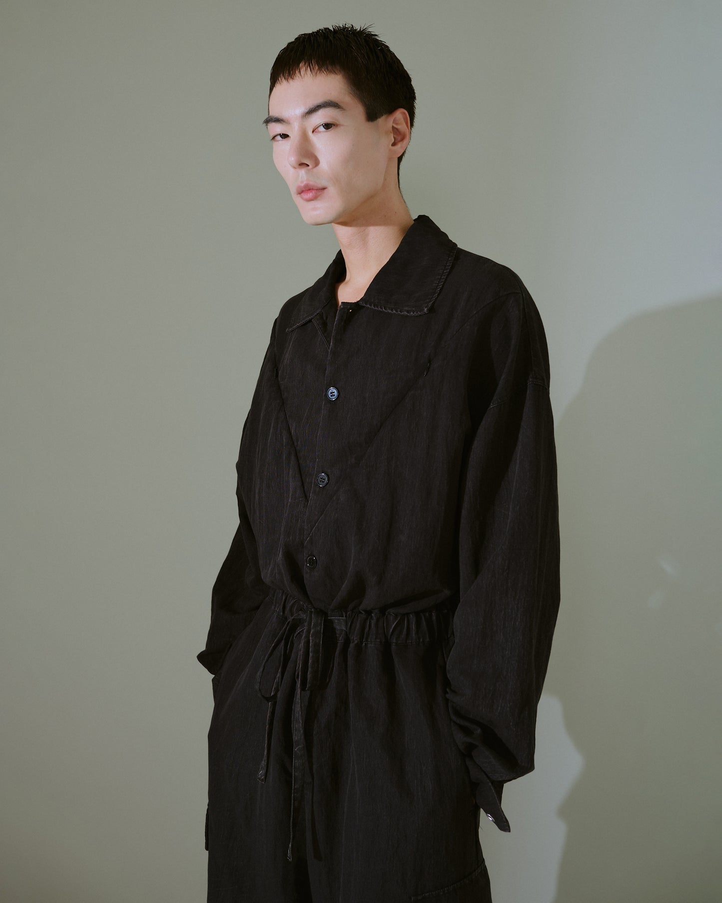 snow-wash faded rayon nylon l/s jump suit