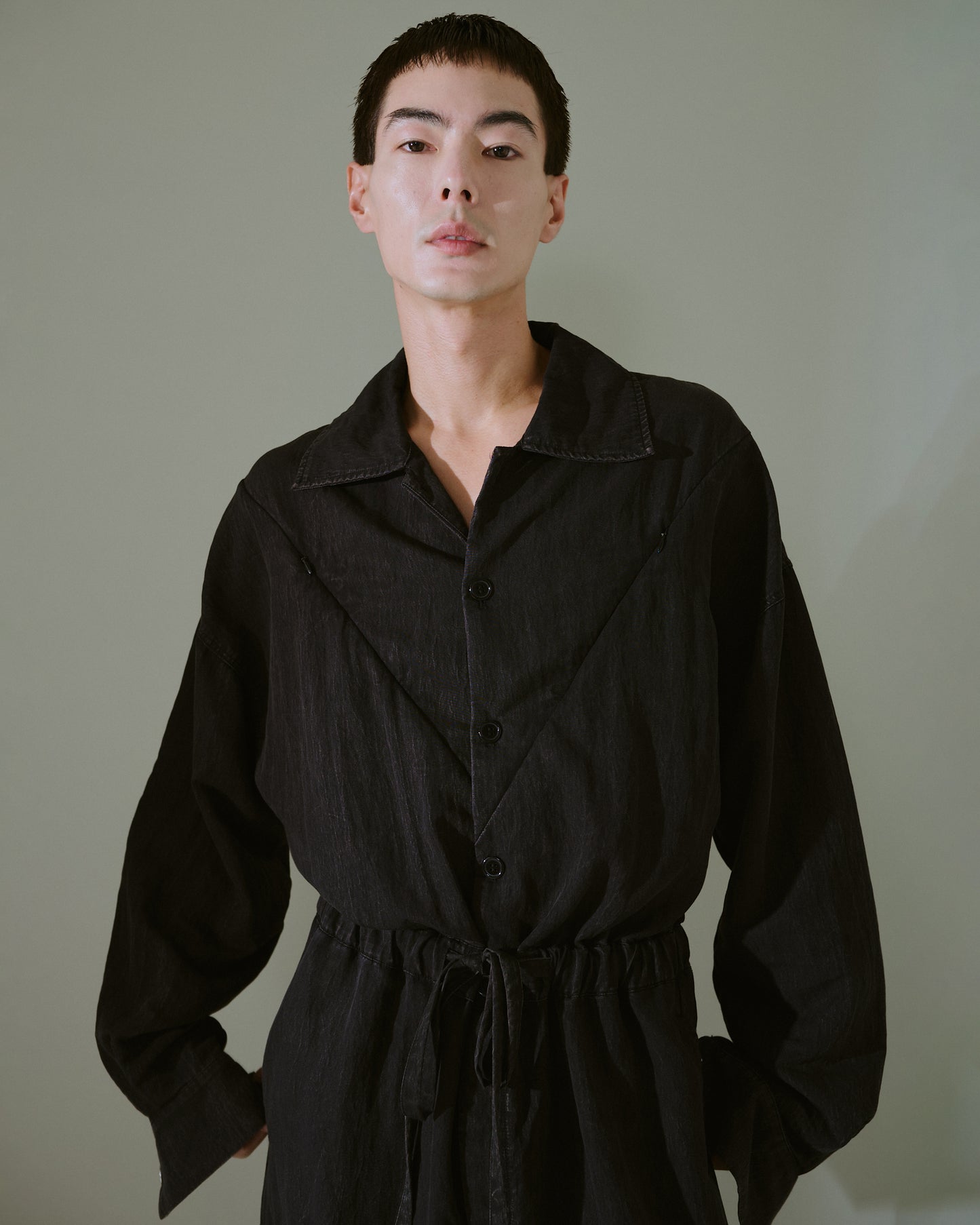 snow-wash faded rayon nylon l/s jump suit