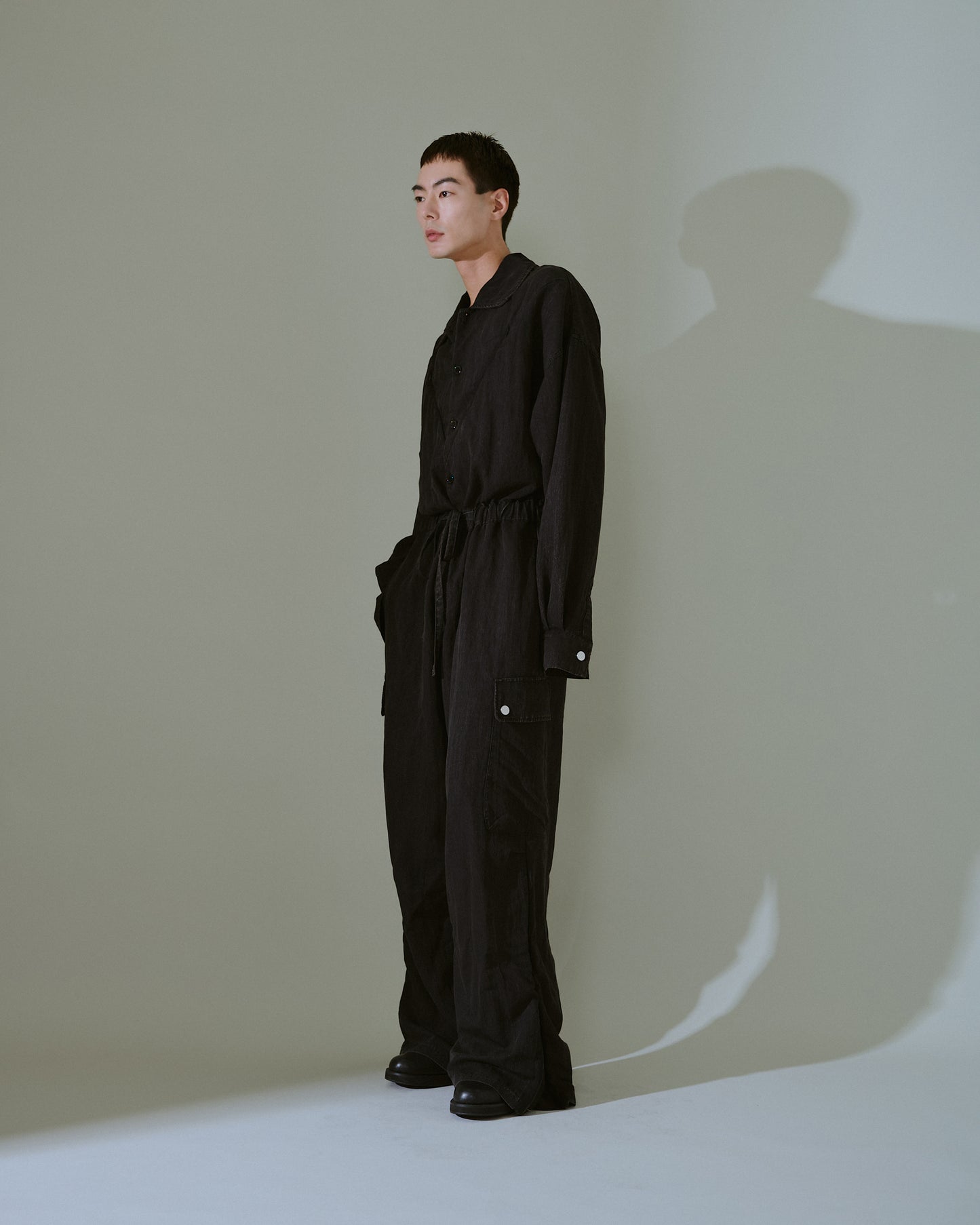 snow-wash faded rayon nylon l/s jump suit