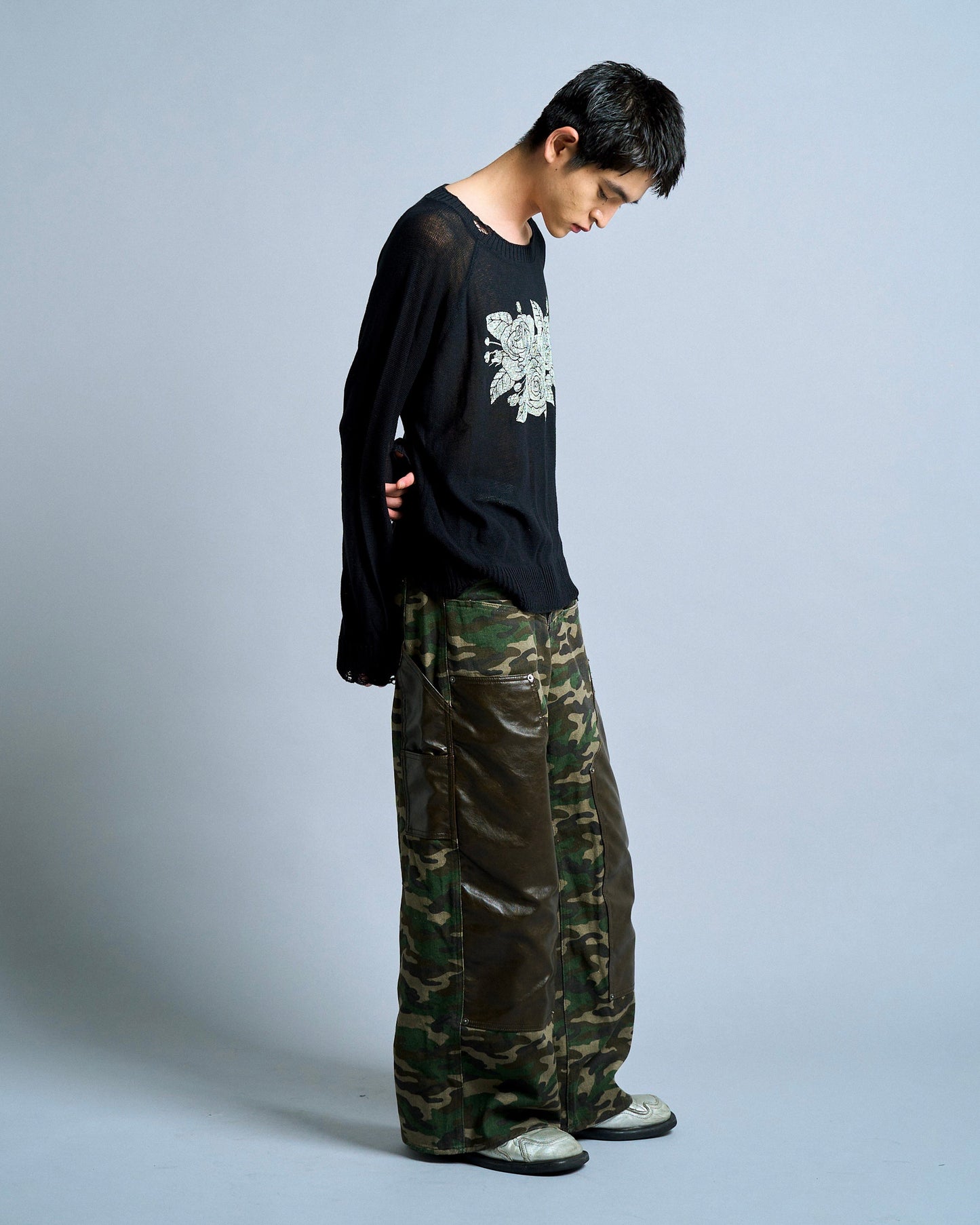 flower paint broken long sleeve sheer sweater