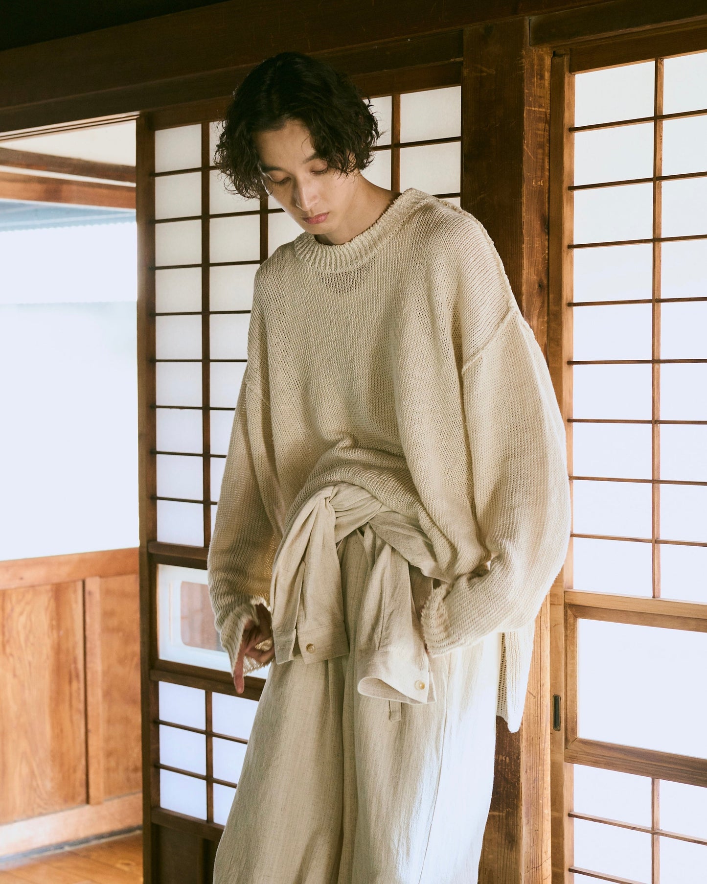 open collar cotton linen belted l/s jump suit