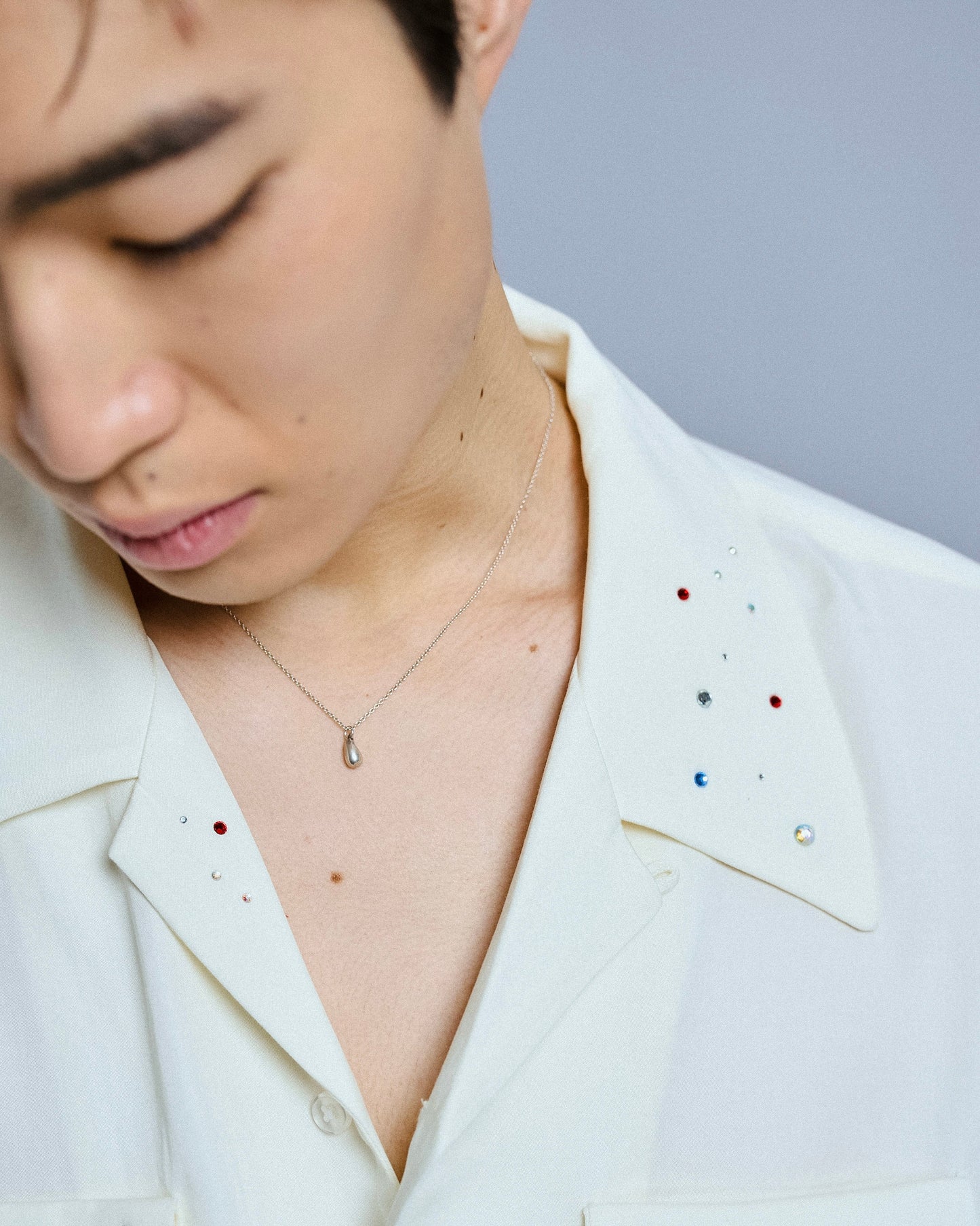 rhinestone rayon open collar l/s shirt