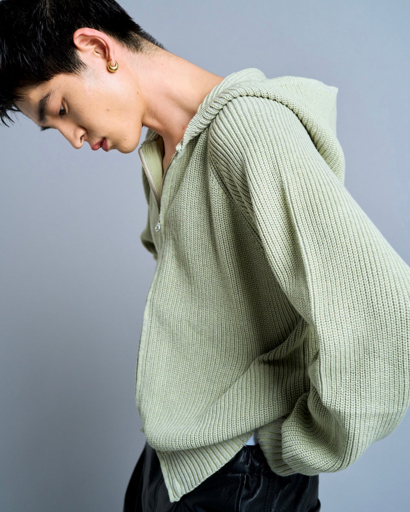 double zip mix yarn knit hoodie