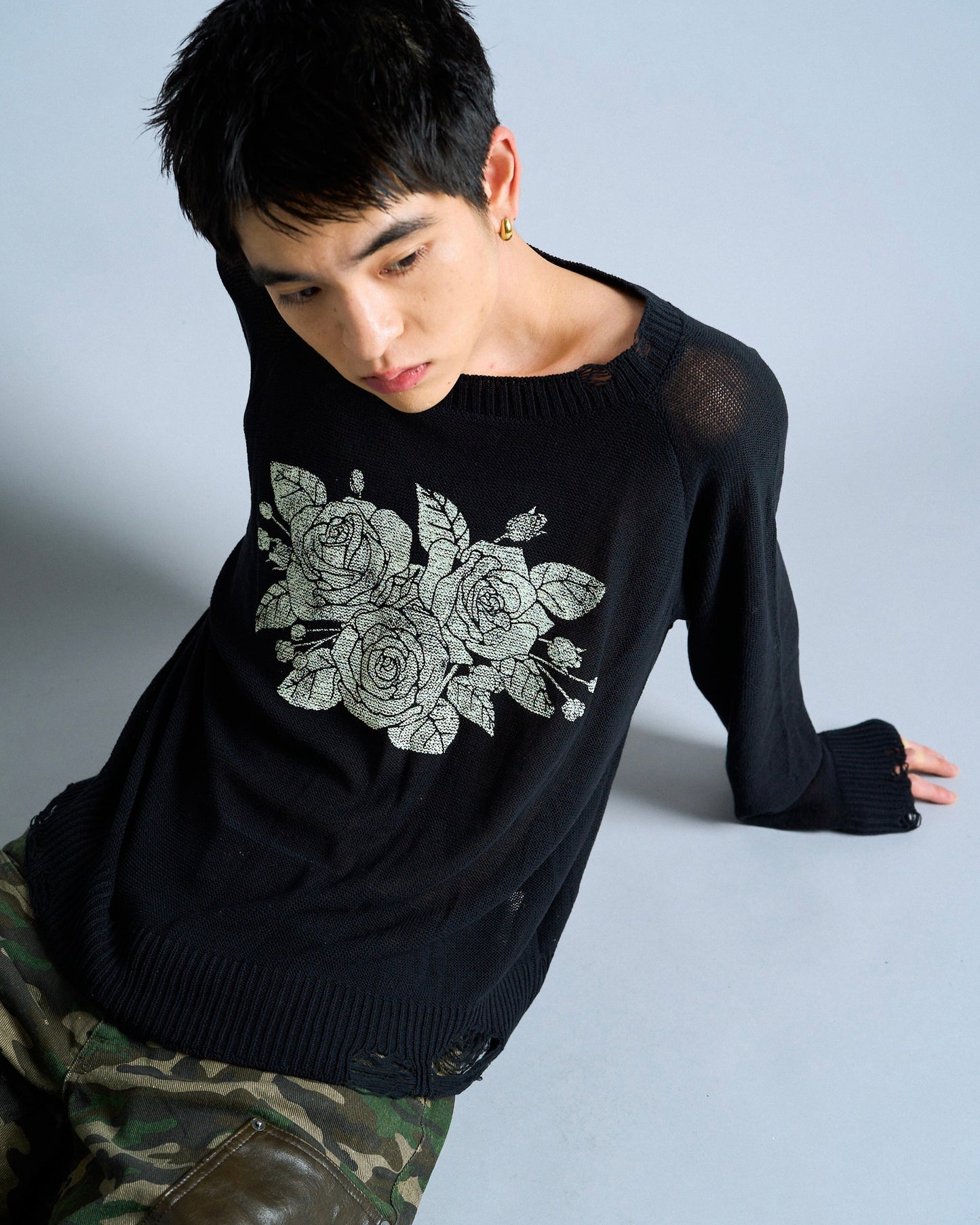 flower paint broken long sleeve sheer sweater