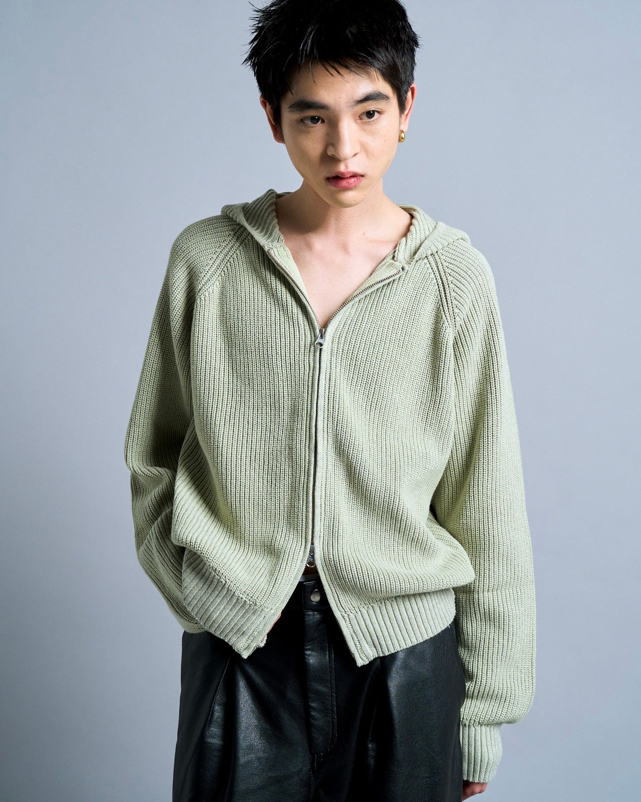 double zip mix yarn knit hoodie