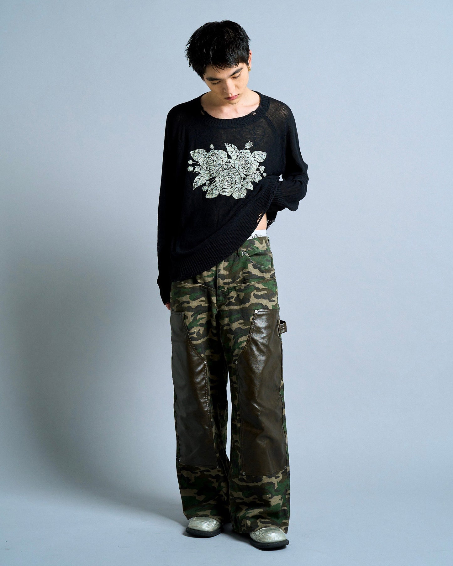 flower paint broken long sleeve sheer sweater