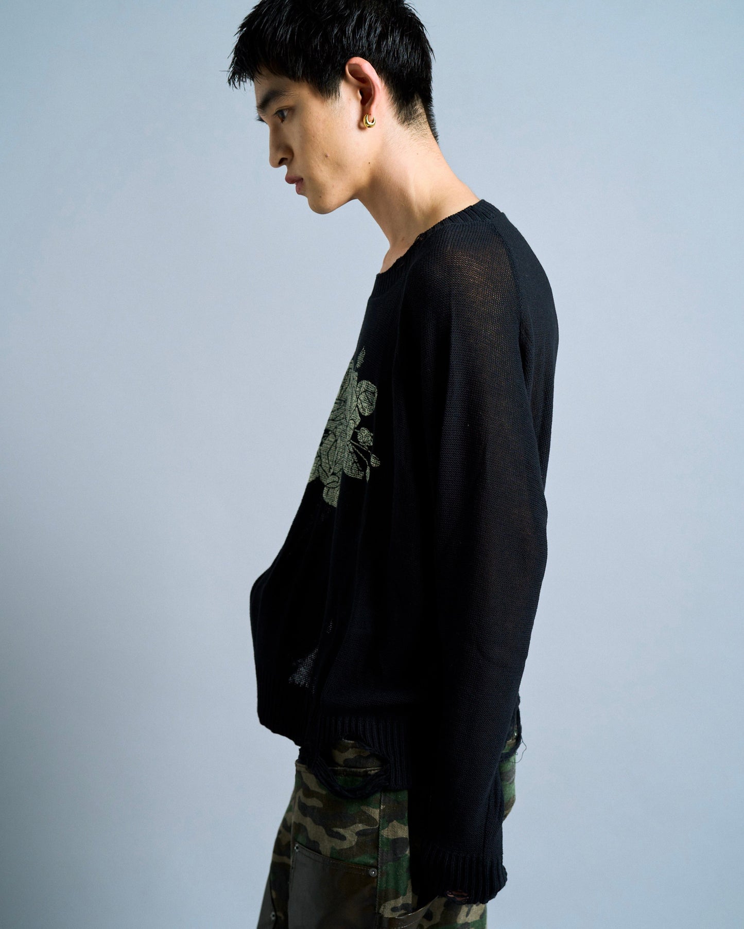 flower paint broken long sleeve sheer sweater