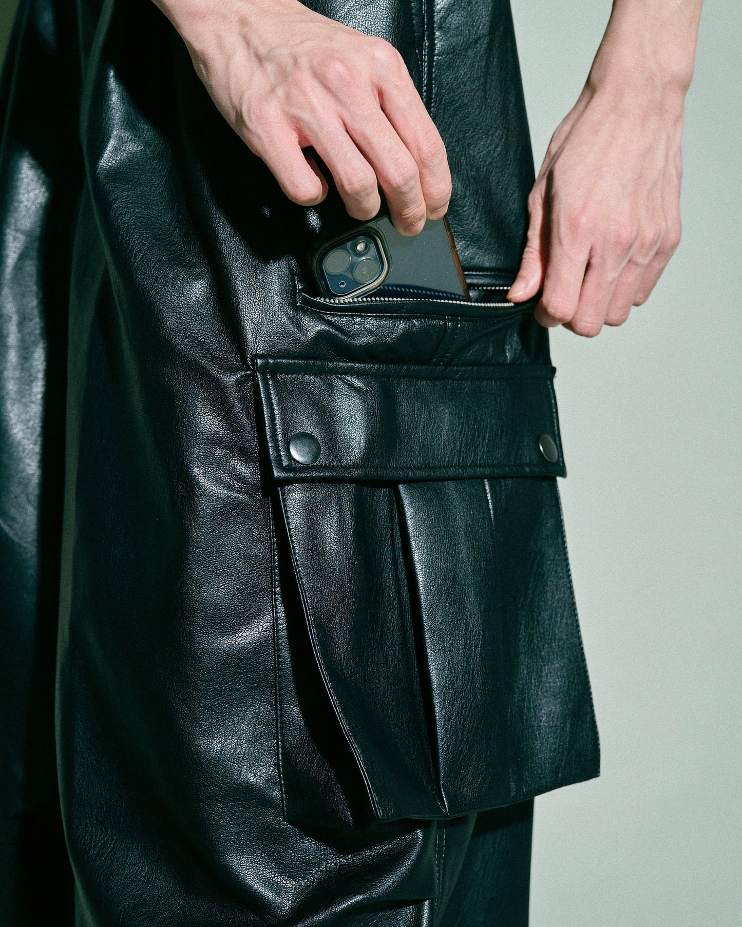 wide baggy faux leather parachute cargo trouser