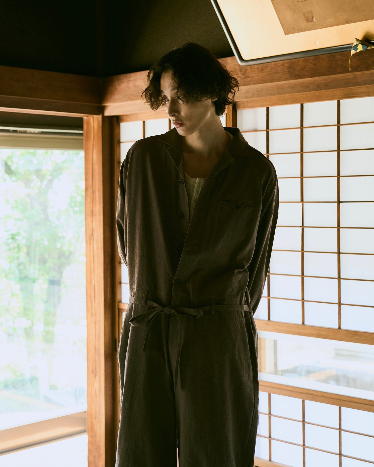 open collar cotton linen belted l/s jump suit