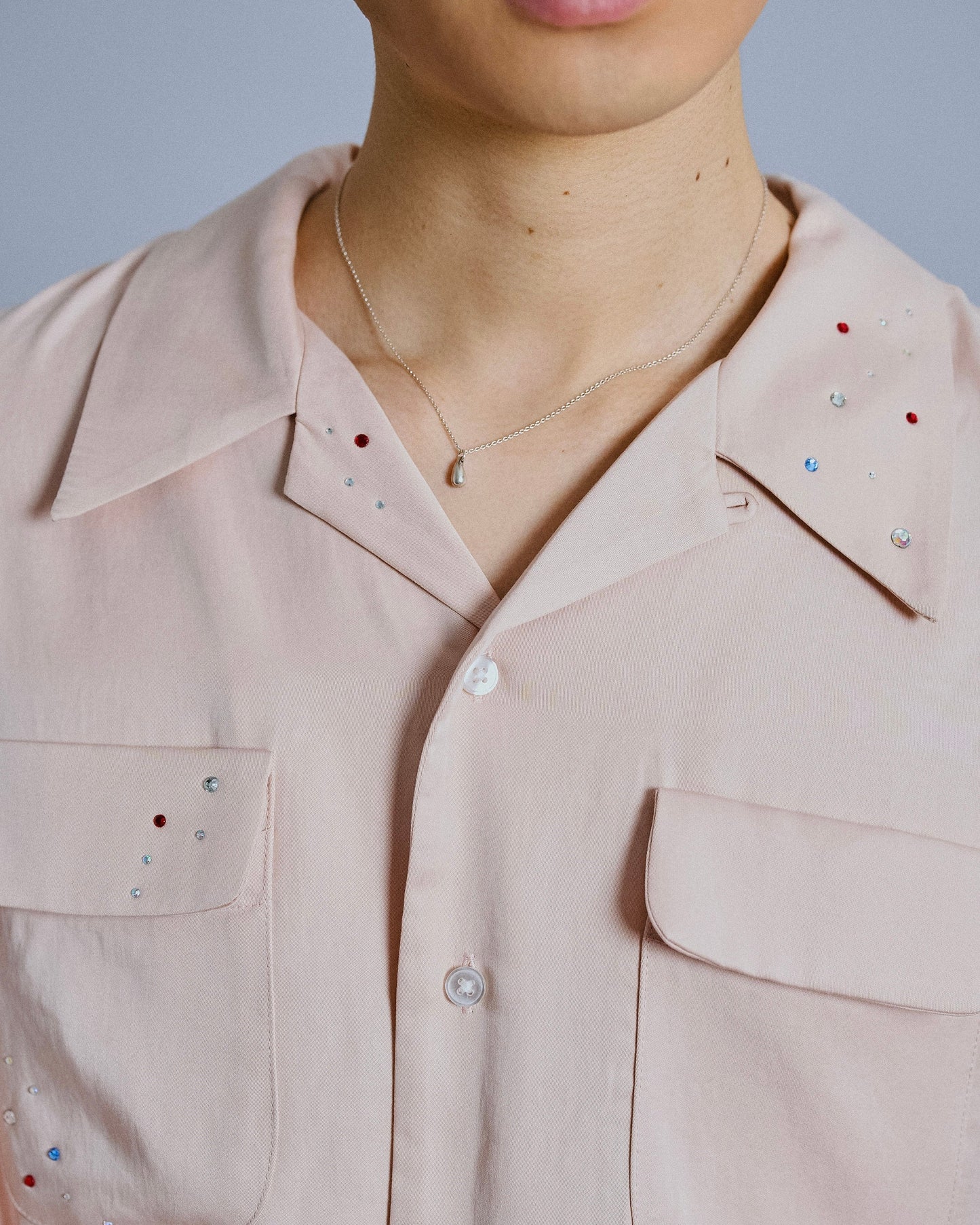 rhinestone rayon open collar l/s shirt