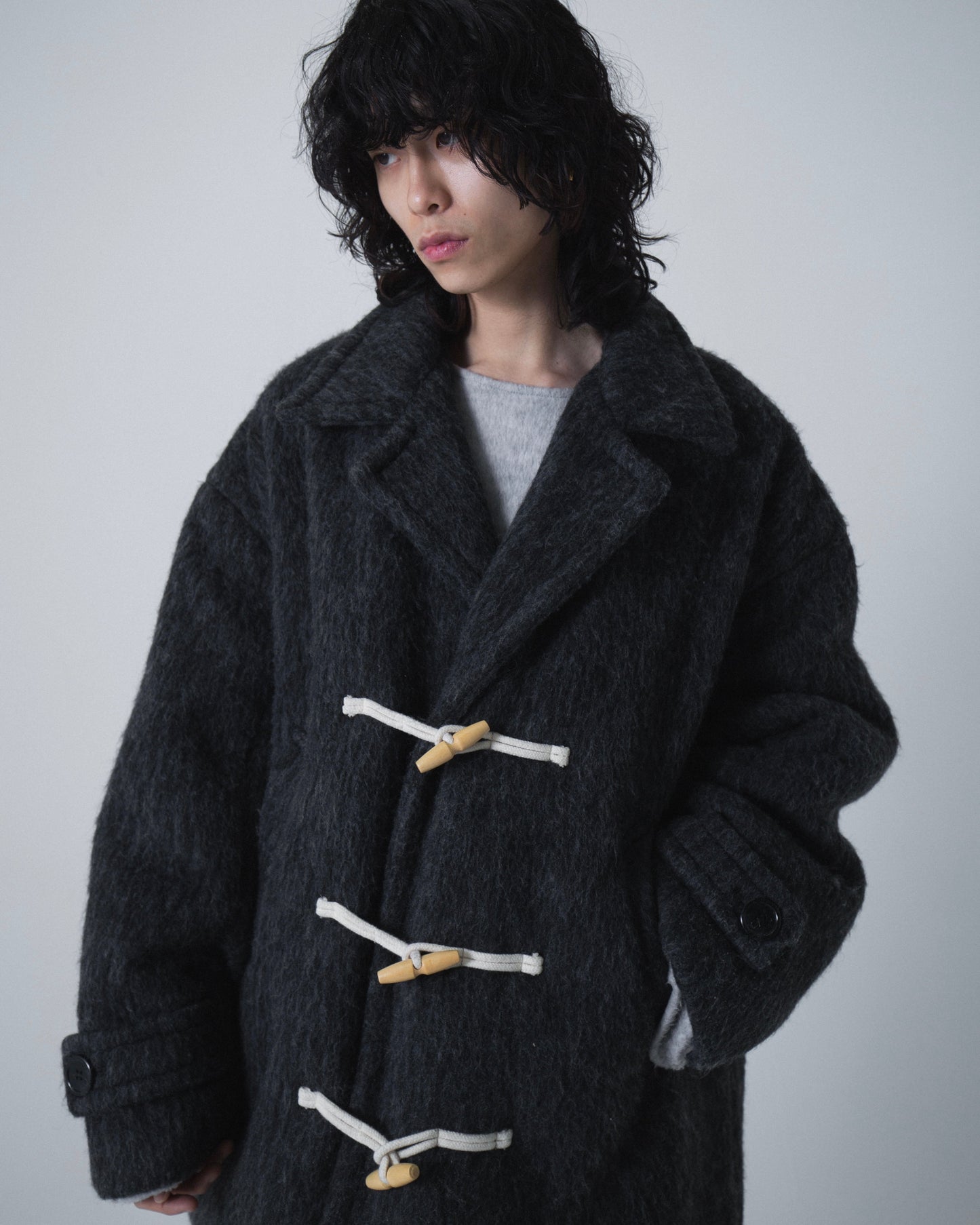 double breasted wool shaggy duffle coat