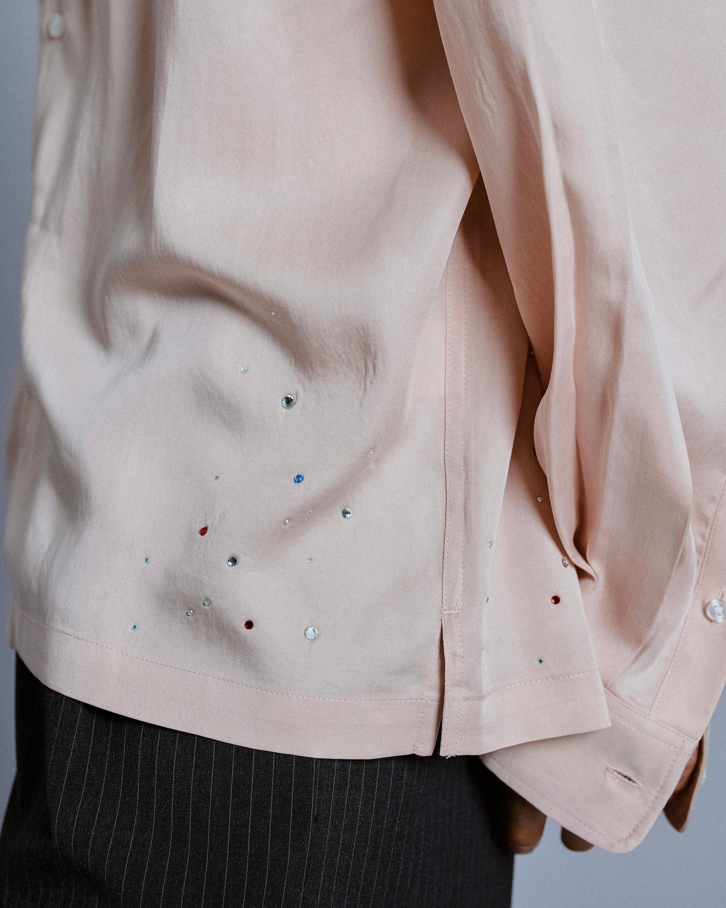 rhinestone rayon open collar l/s shirt