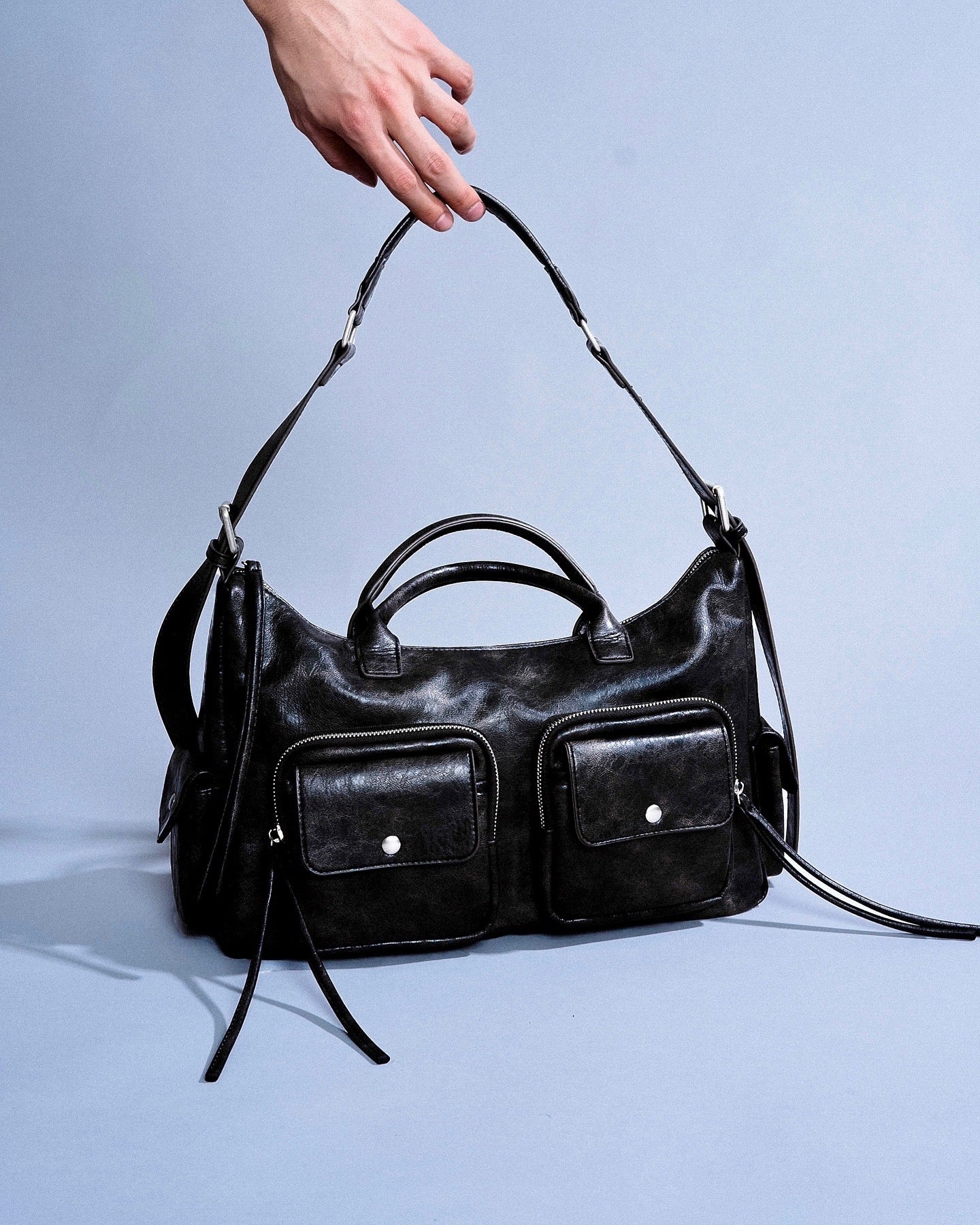 faux leather multi pocket shoulder bag