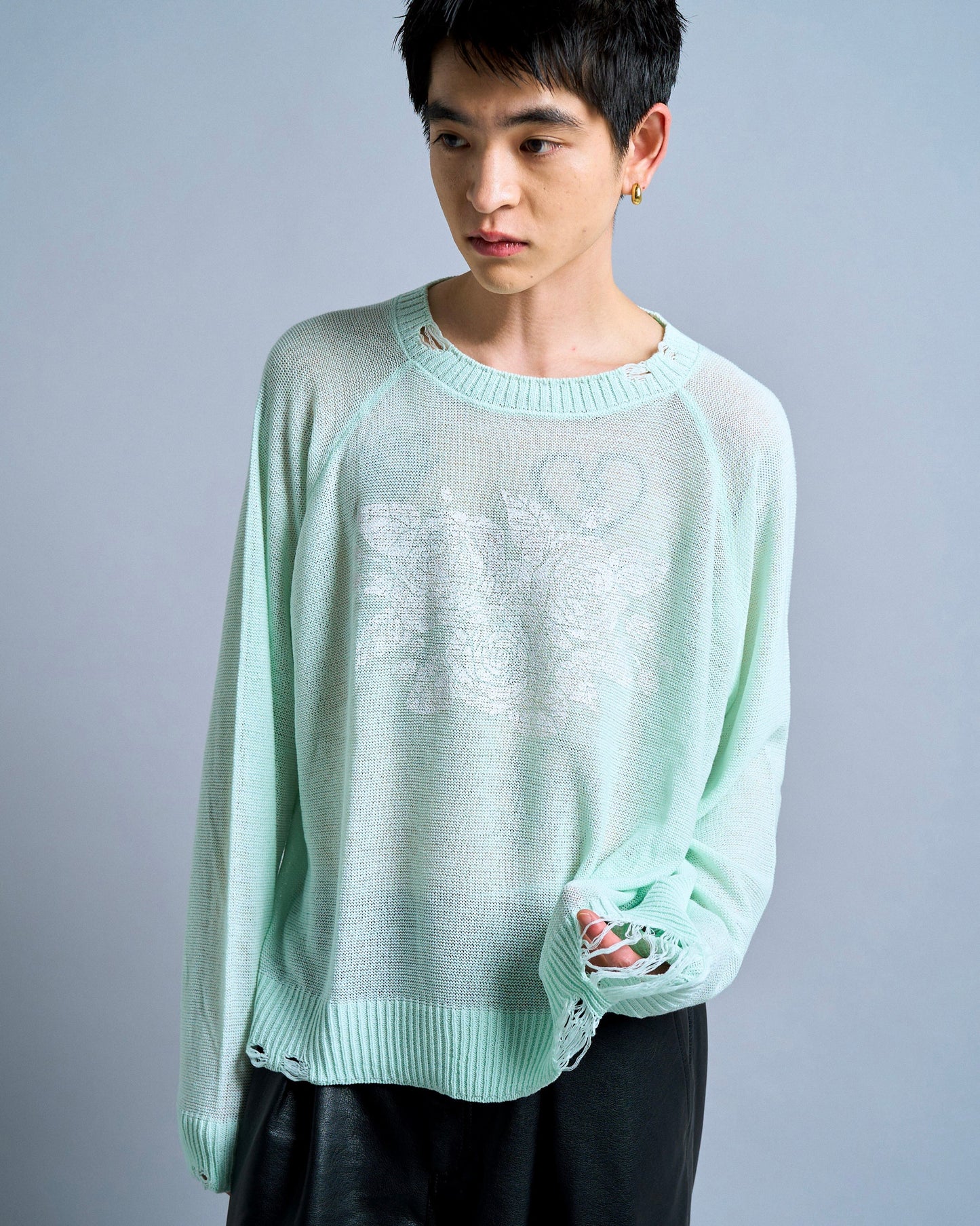 flower paint broken long sleeve sheer sweater