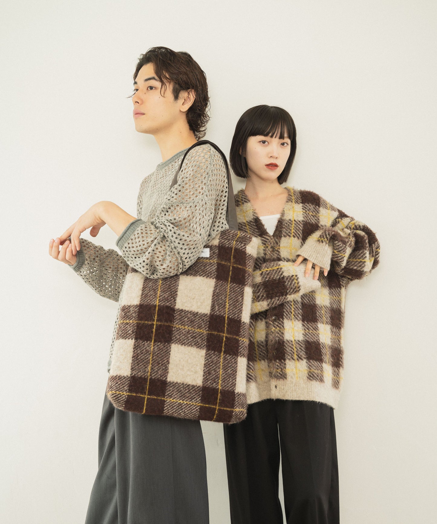 mohair mix check big tote bag